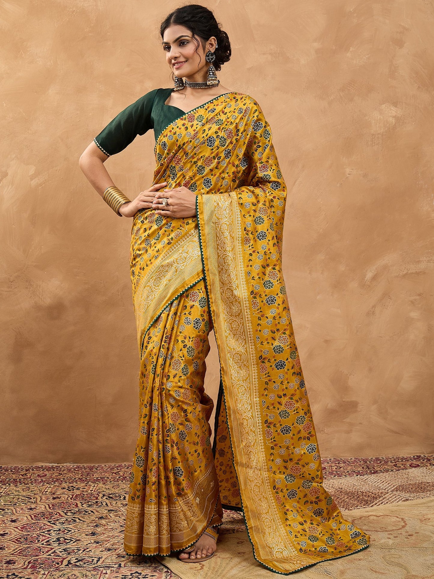Mustard Banarasi Dola Silk Digital Print Saree