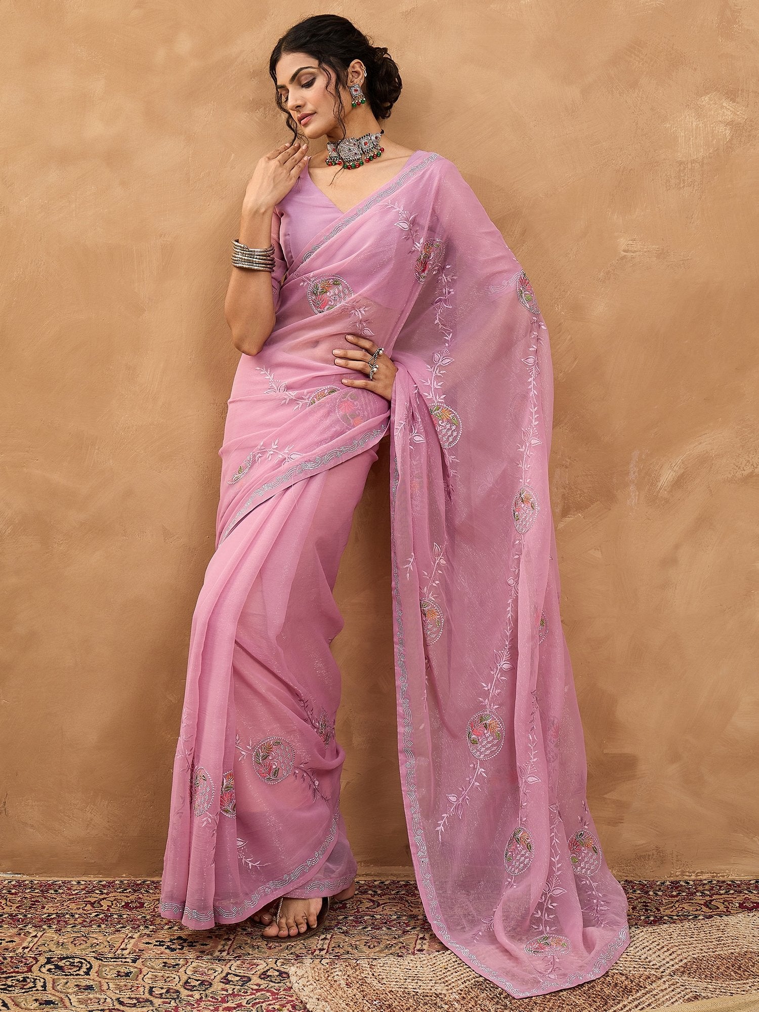 Pink Pink Party Wear Georgette Embellished Saree