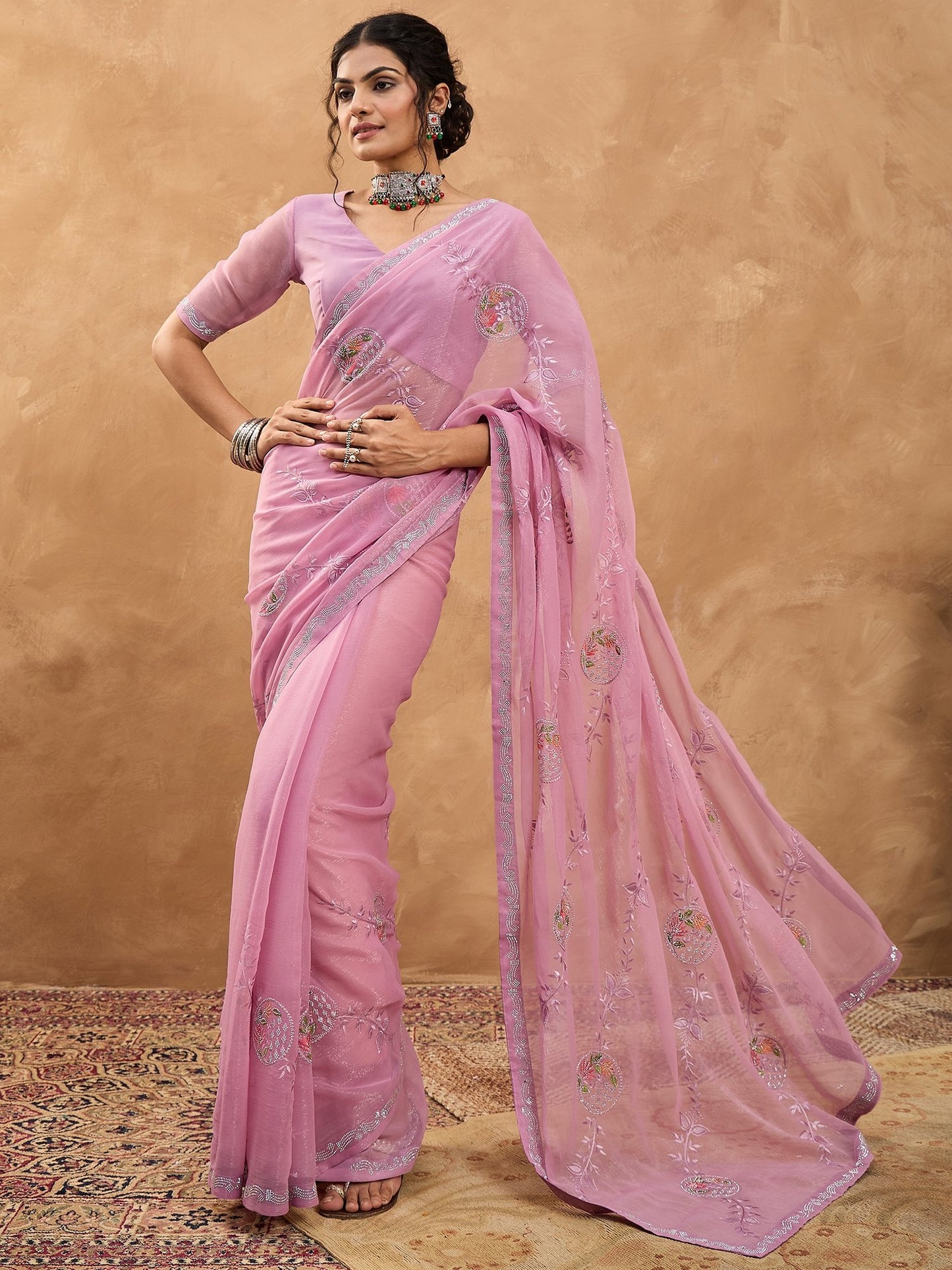 Pink Party Wear Georgette Embellished Saree