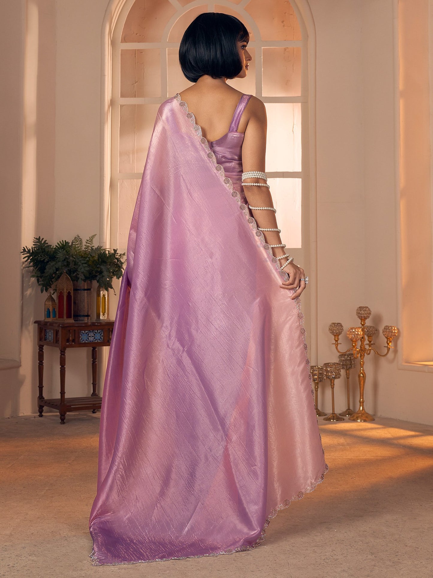 Lavendar Party Wear Pure Silk Embellished Saree