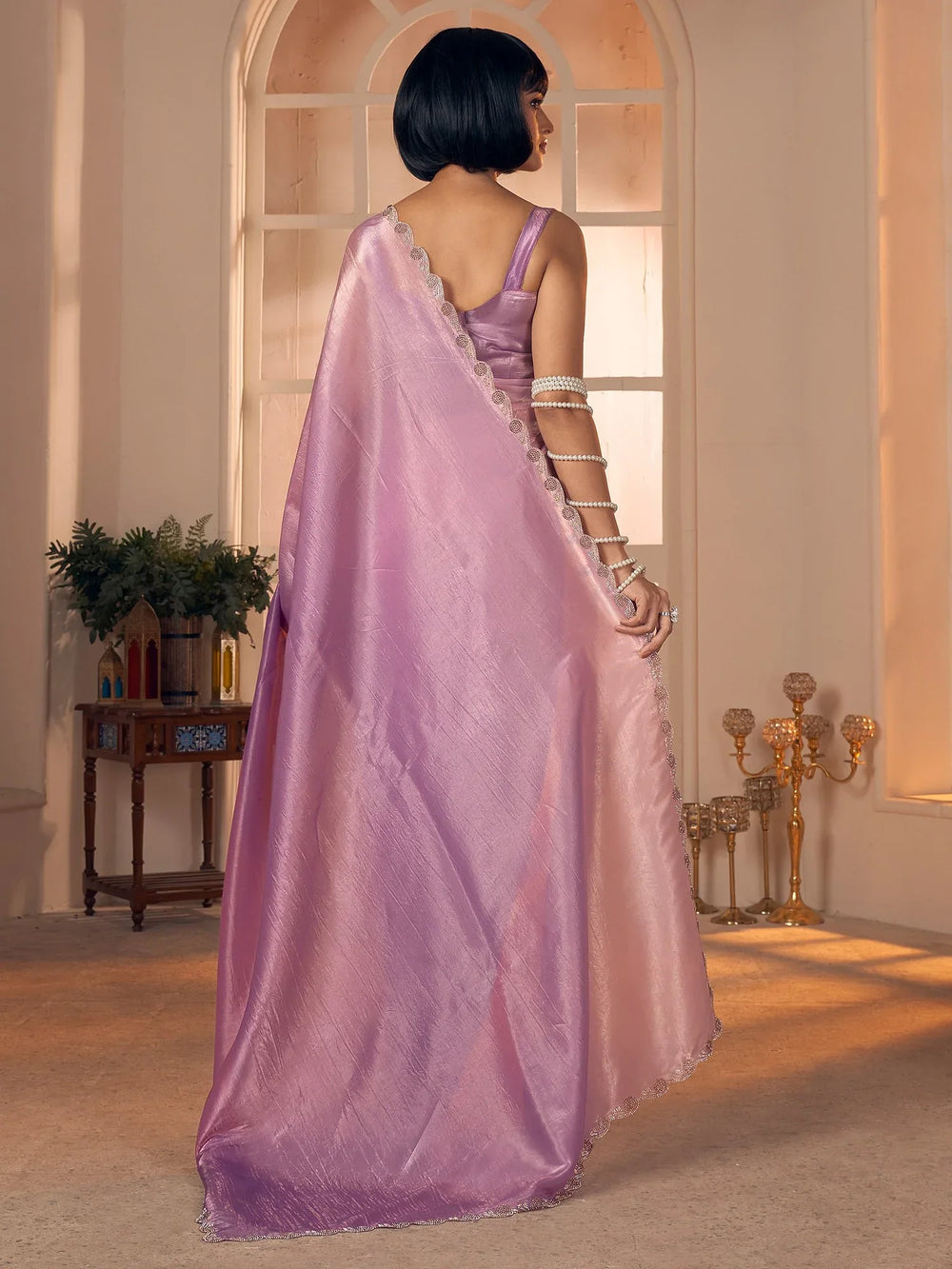 Lavendar Party Wear Pure Silk Embellished Saree - The Dori Store