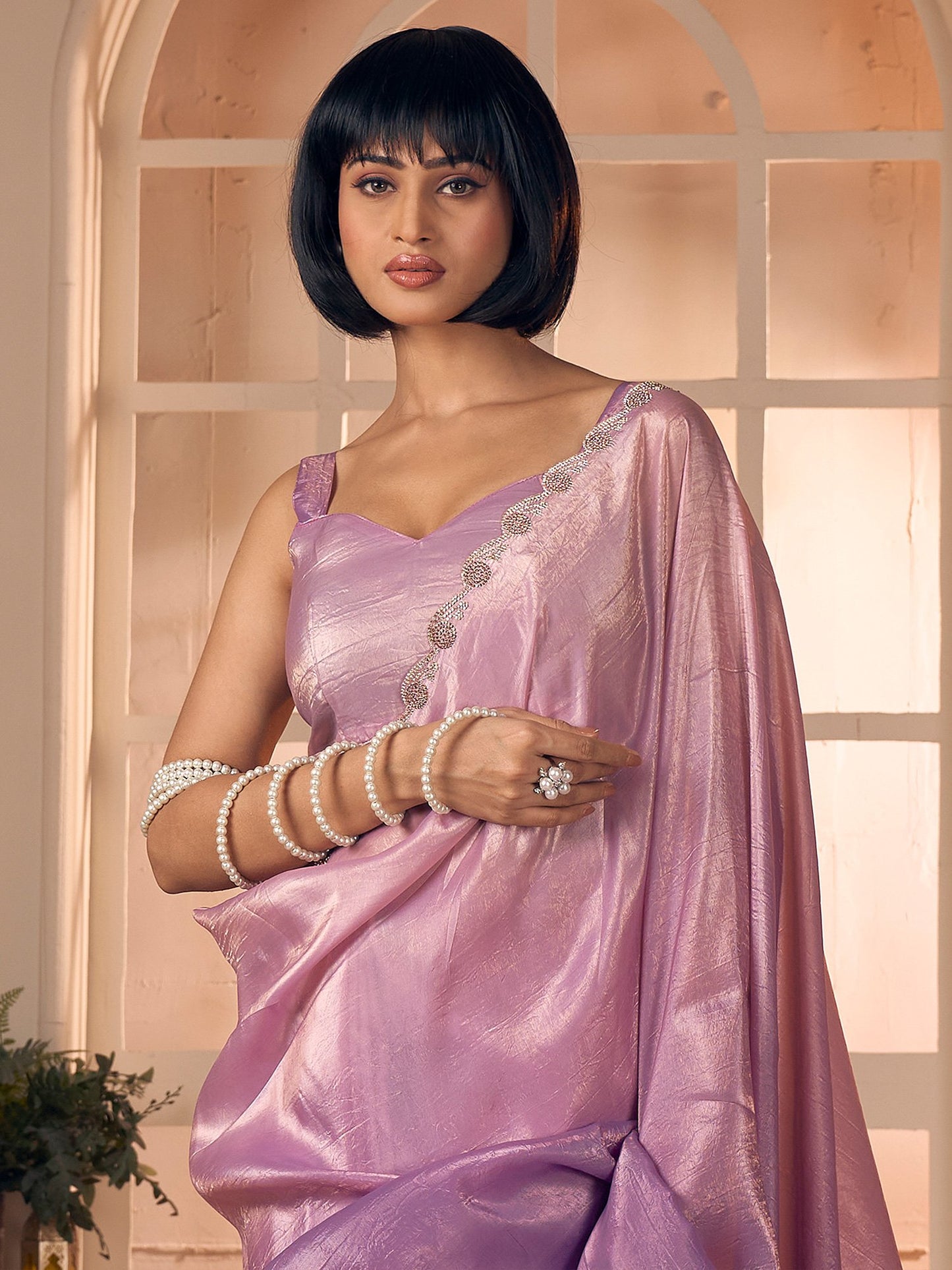 Lavender Lavendar Party Wear Pure Silk Embellished Saree