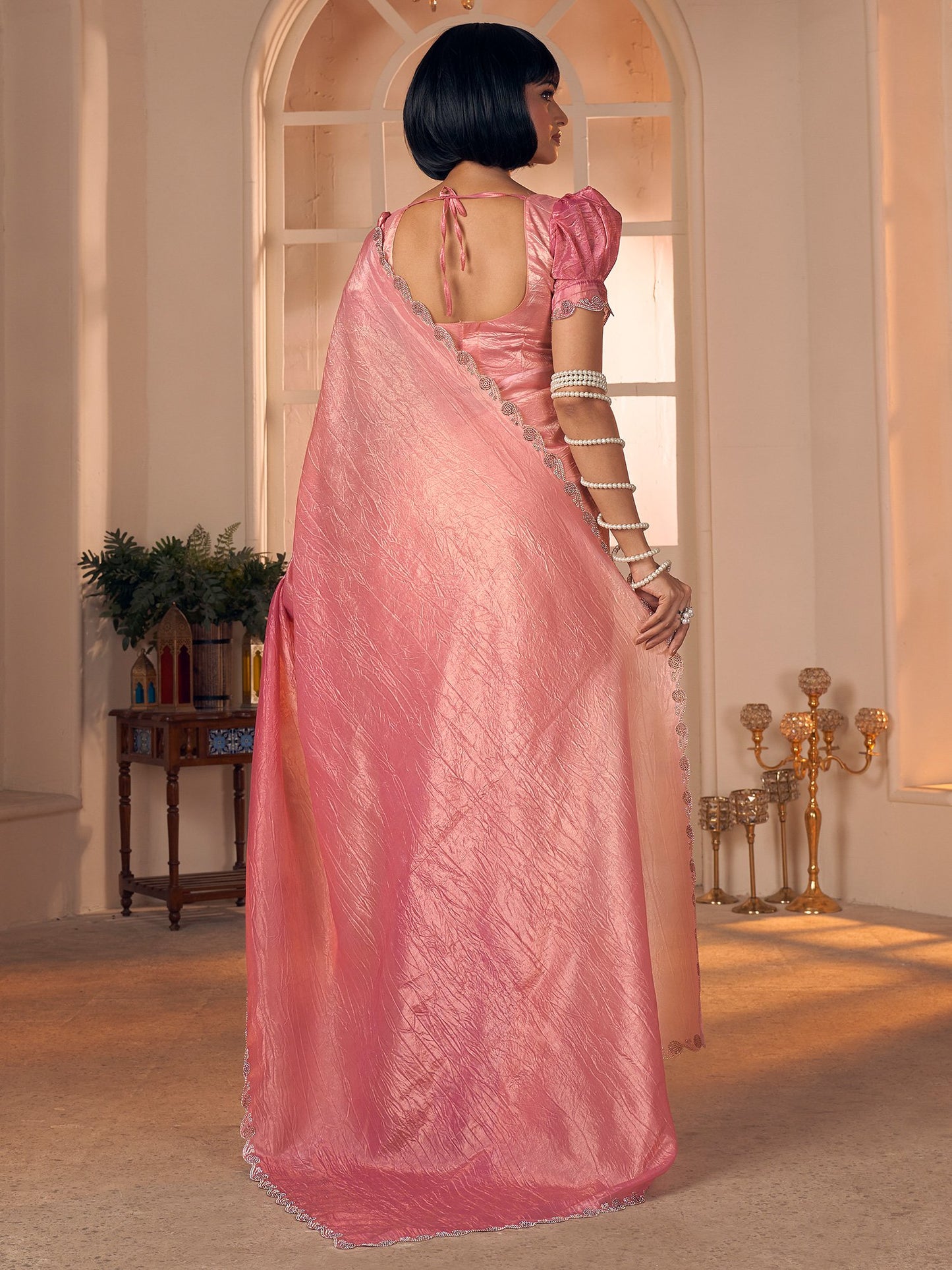 Pink Party Wear Pure Silk Embellished Saree