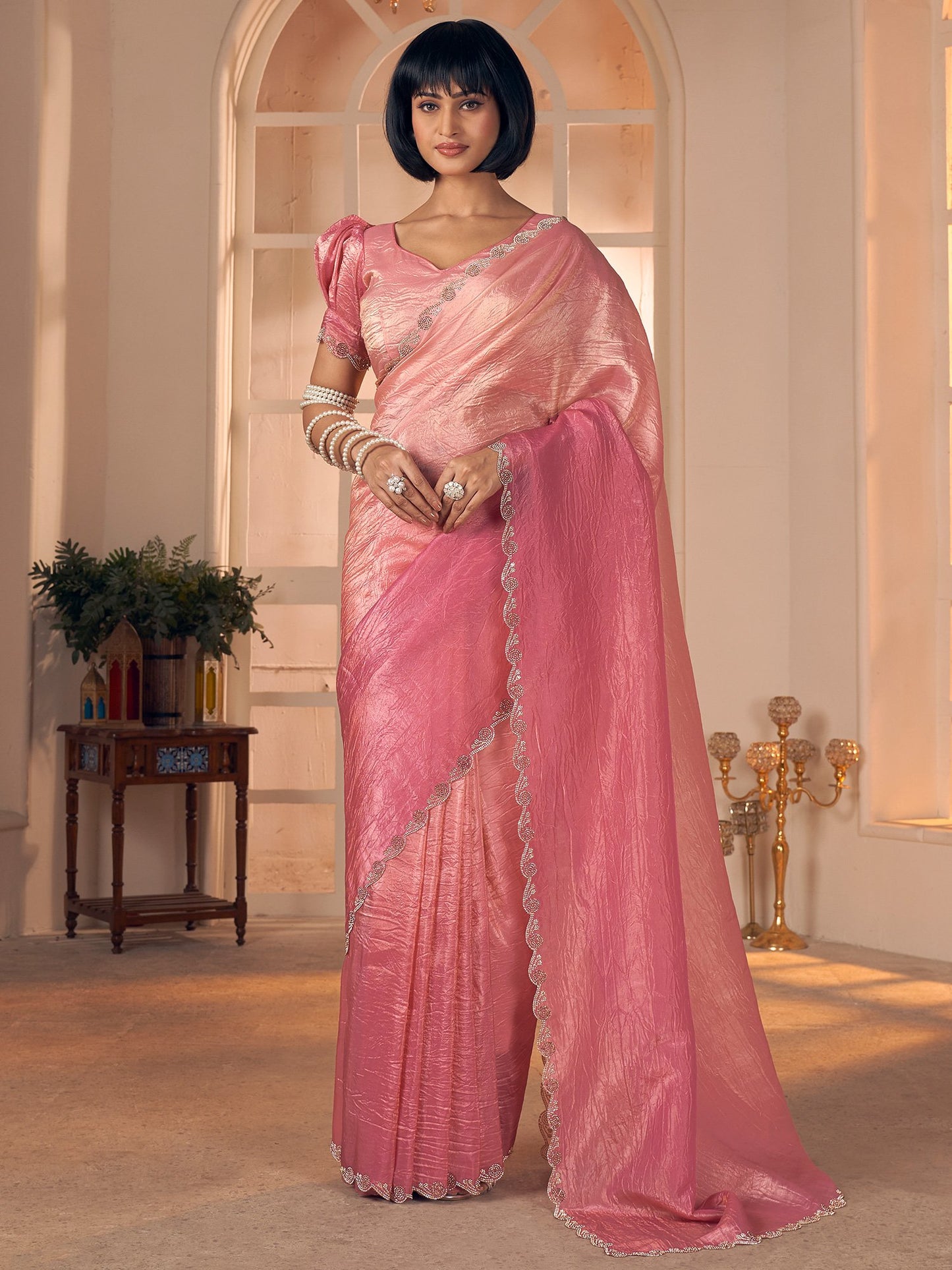 Pink Party Wear Pure Silk Embellished Saree