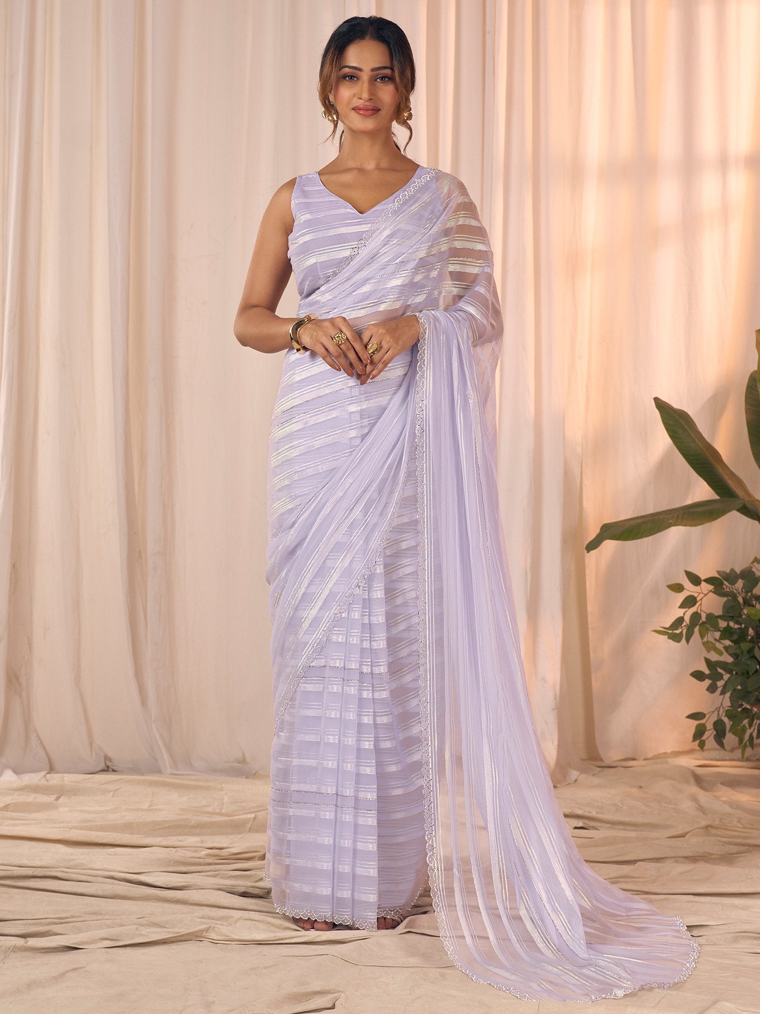 Lavender Lavendar Party Wear Georgette Embellished Saree