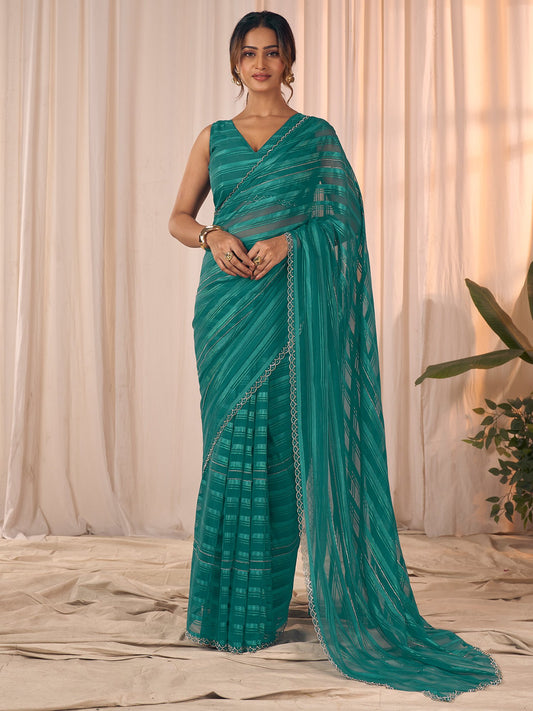 Green Teal Party Wear Georgette Embellished Saree