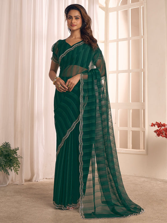 Green Dark Party Wear Georgette Embellished Saree