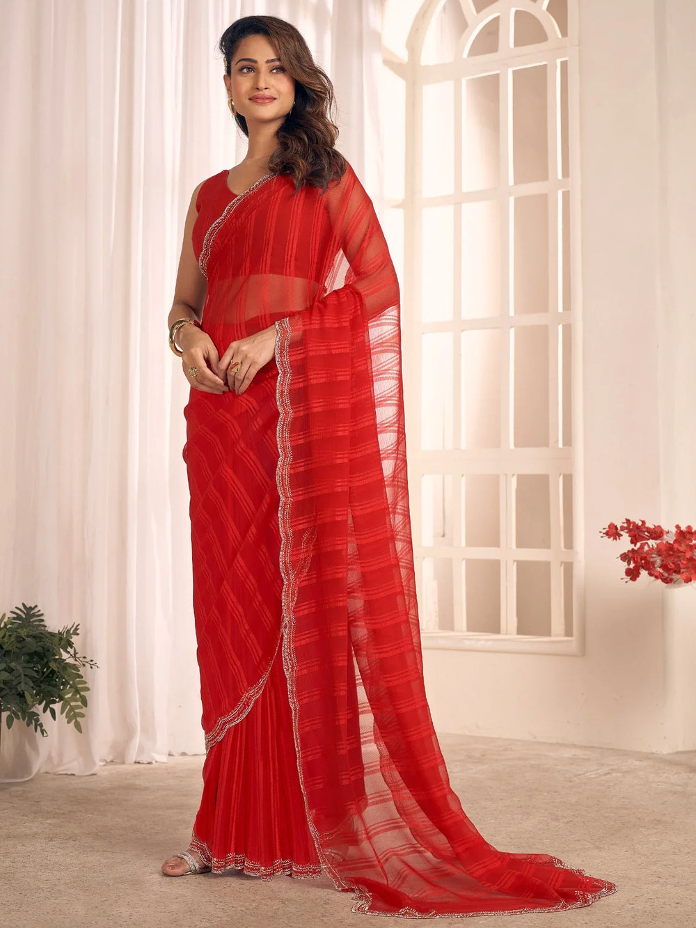 Red Party Wear Georgette Embellished Saree - The Dori Store