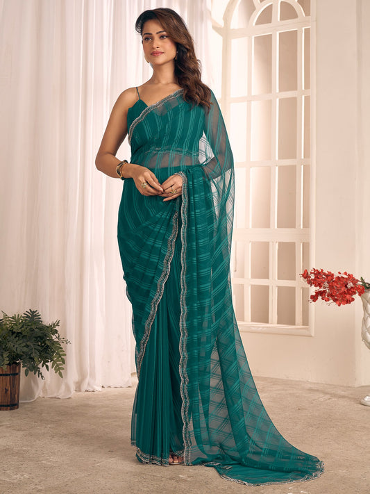 Green Teal Party Wear Georgette Embellished Saree