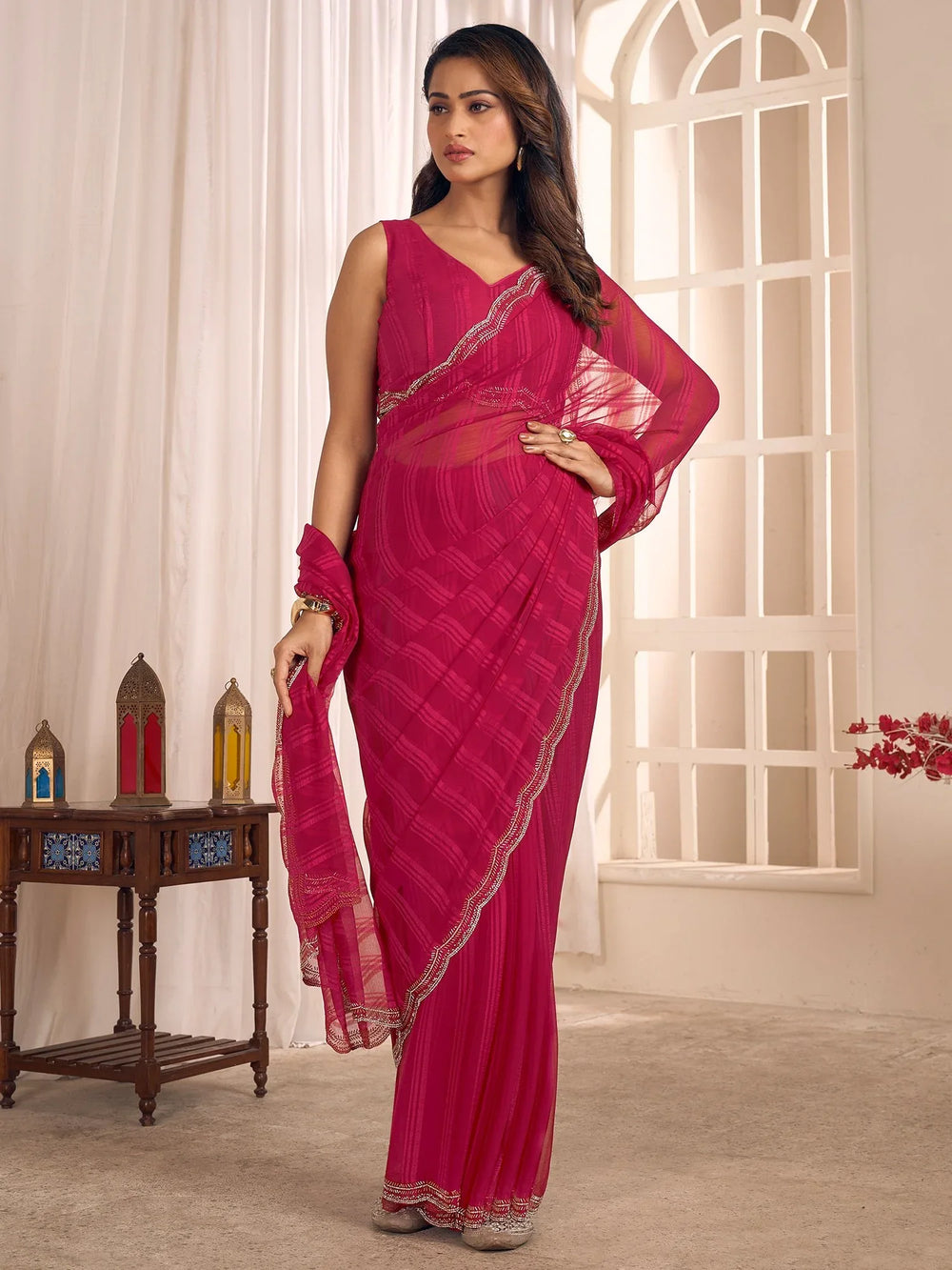 Pink Party Wear Georgette Embellished Saree - The Dori Store