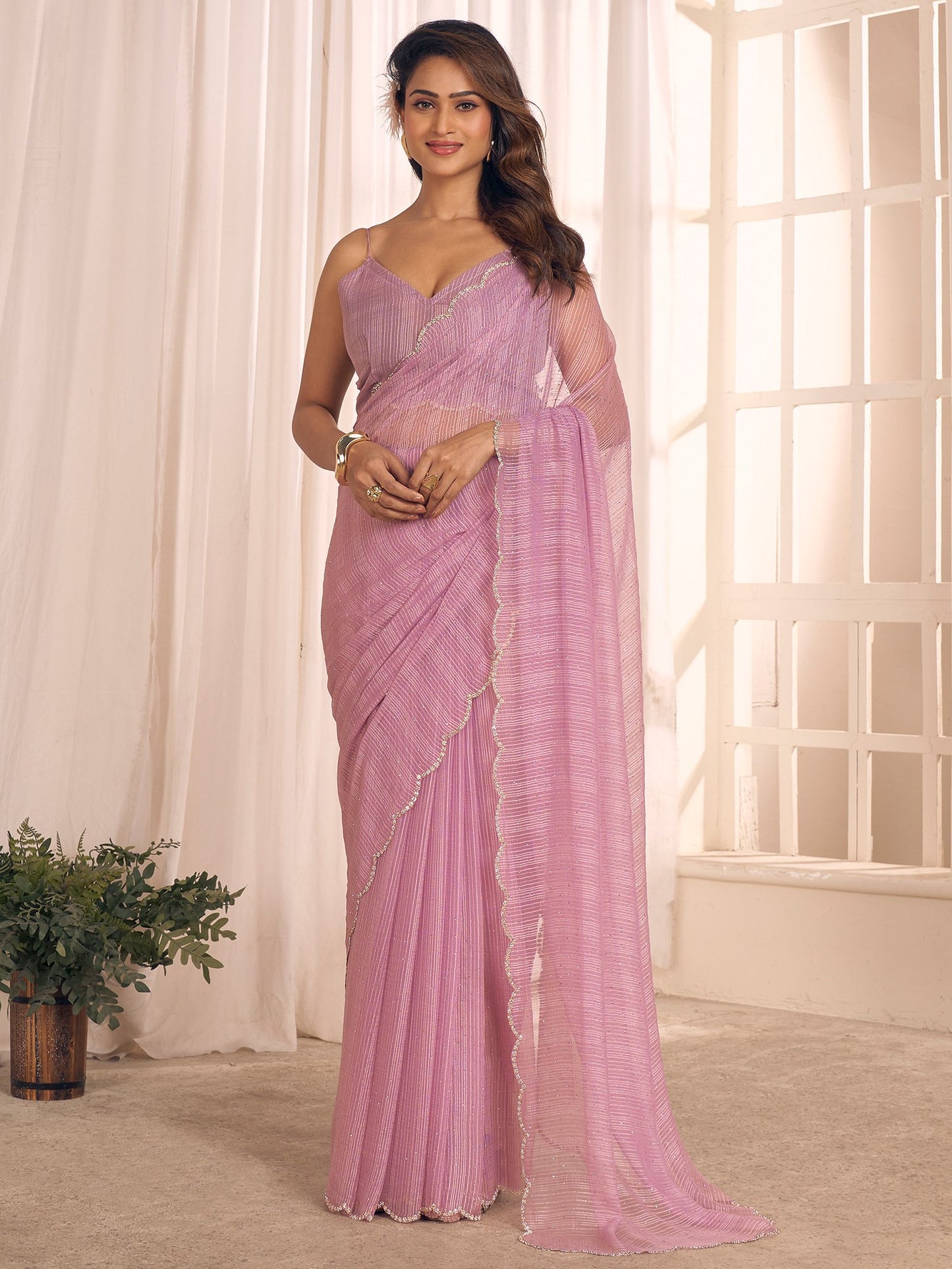 Lavendar Party Wear Georgette Embellished Saree