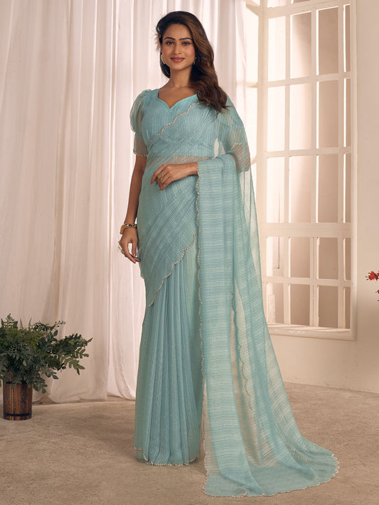 Blue Light Party Wear Georgette Embellished Saree