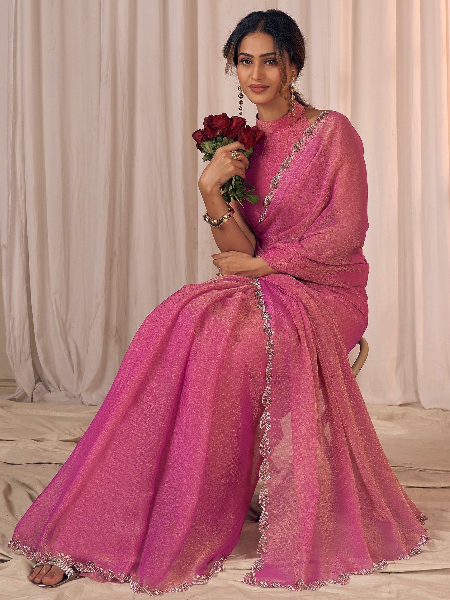 Pink Party Wear Georgette Embellished Saree