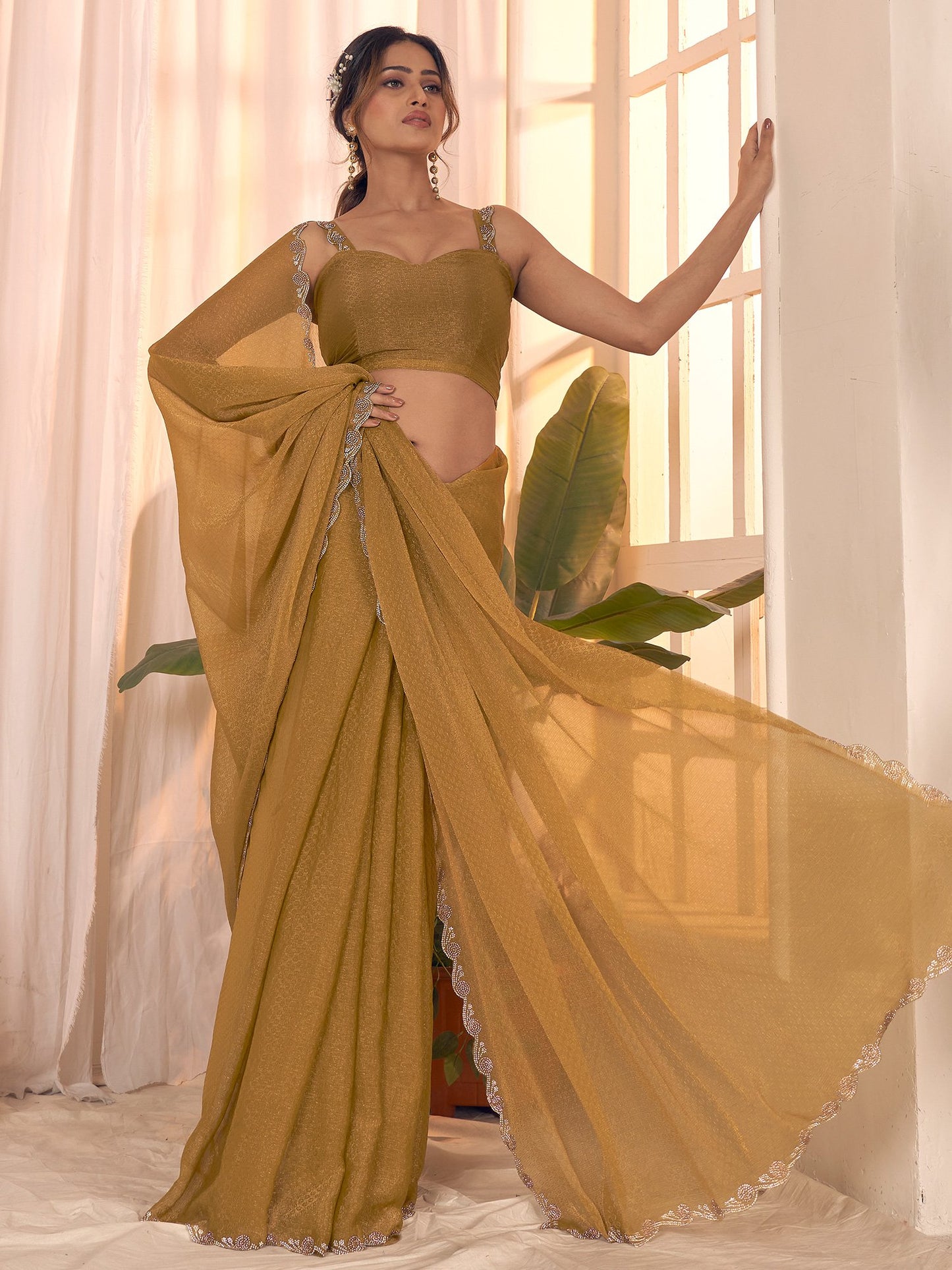 Yellow Mustard Party Wear Georgette Embellished Saree