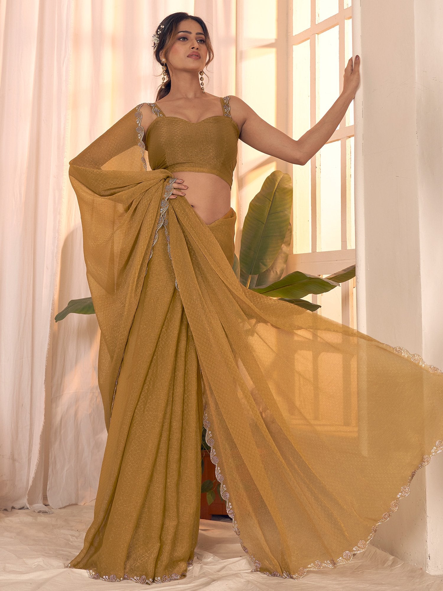 Yellow Mustard Party Wear Georgette Embellished Saree