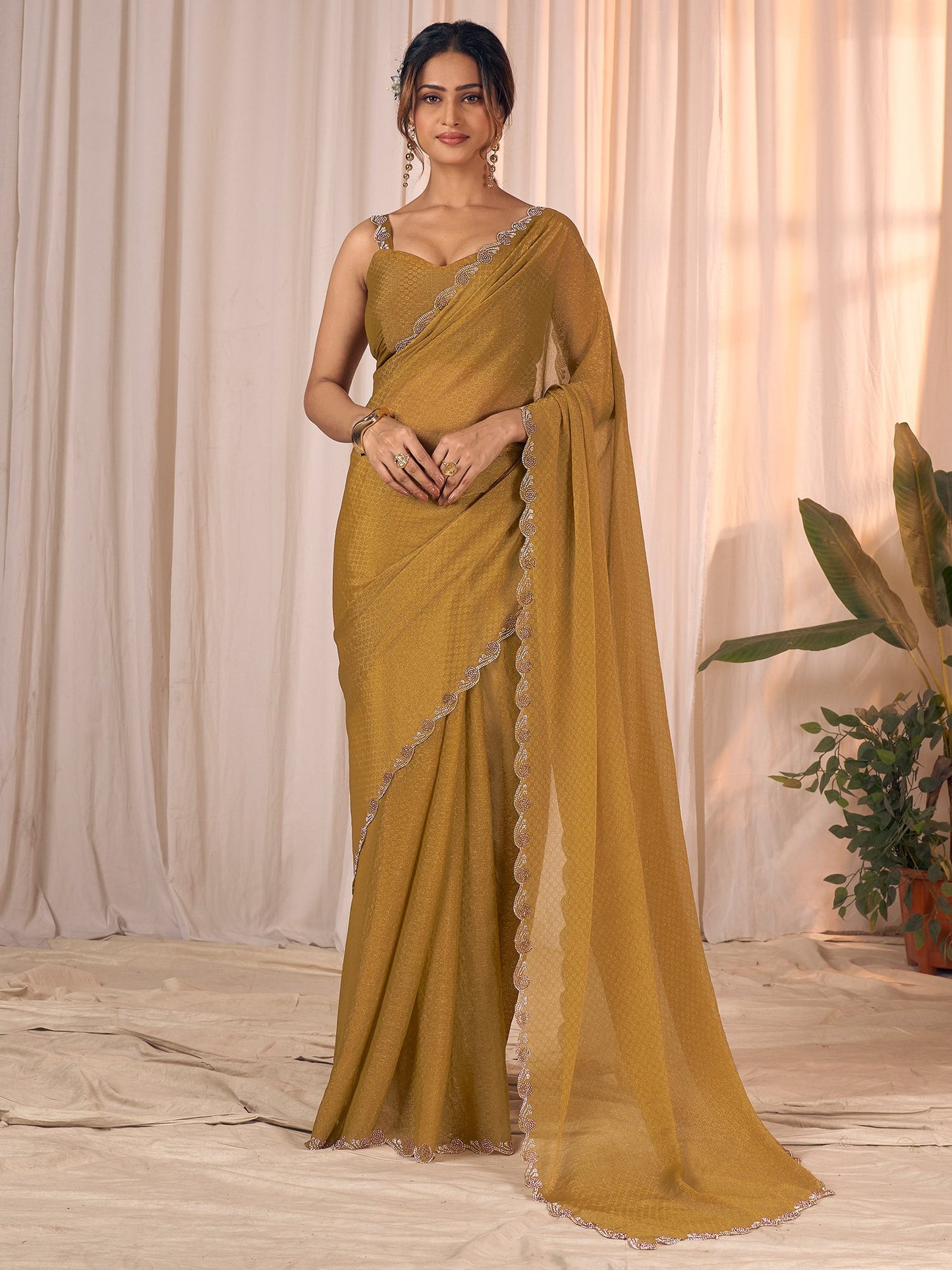 Mustard Party Wear Georgette Embellished Saree
