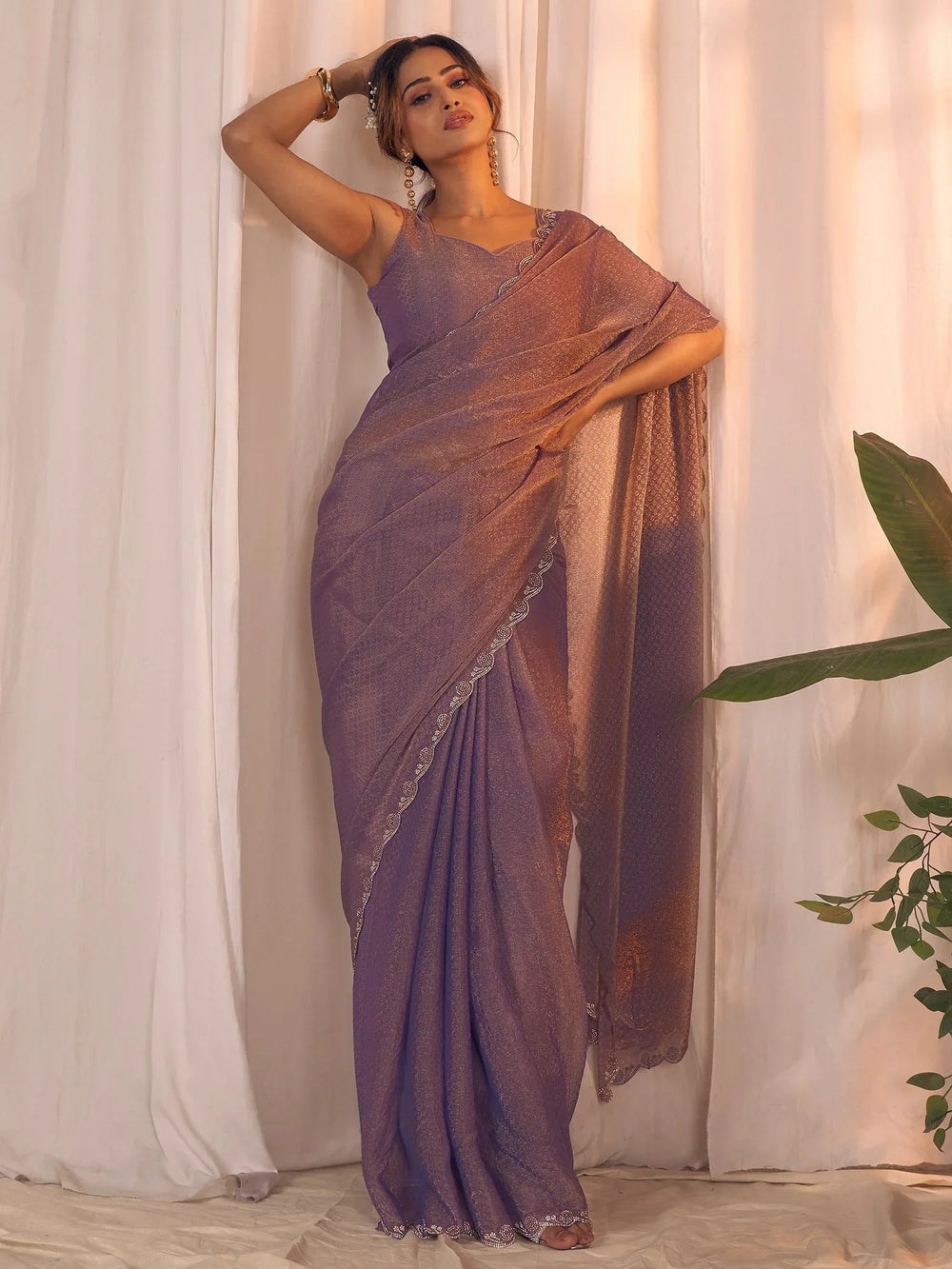 Lavendar Party Wear Georgette Embellished Saree - The Dori Store