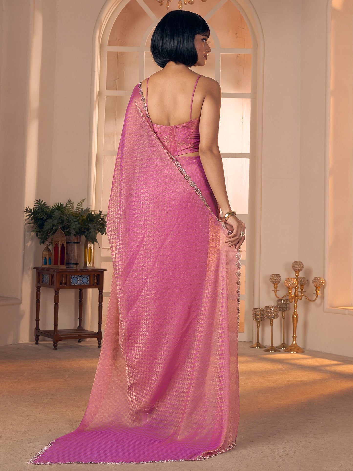 Pink Party Wear Georgette Embellished Saree