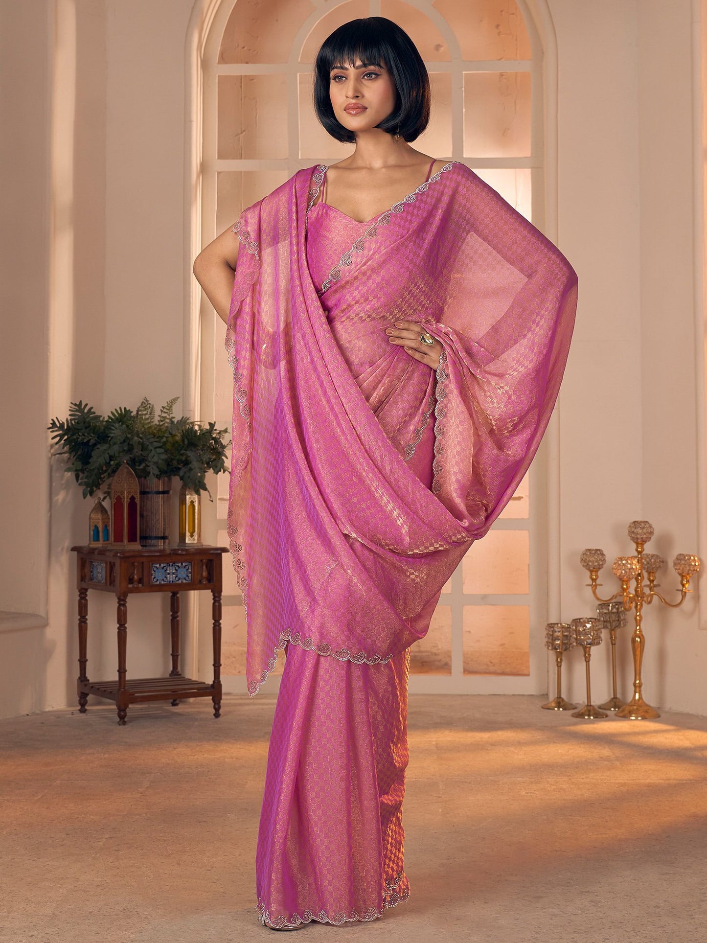 Pink Pink Party Wear Georgette Embellished Saree