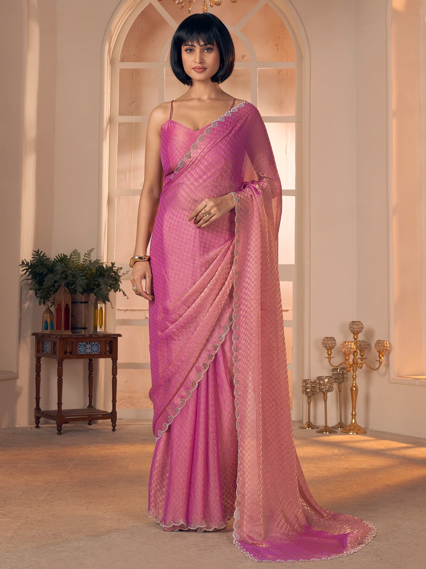 Pink Party Wear Georgette Embellished Saree