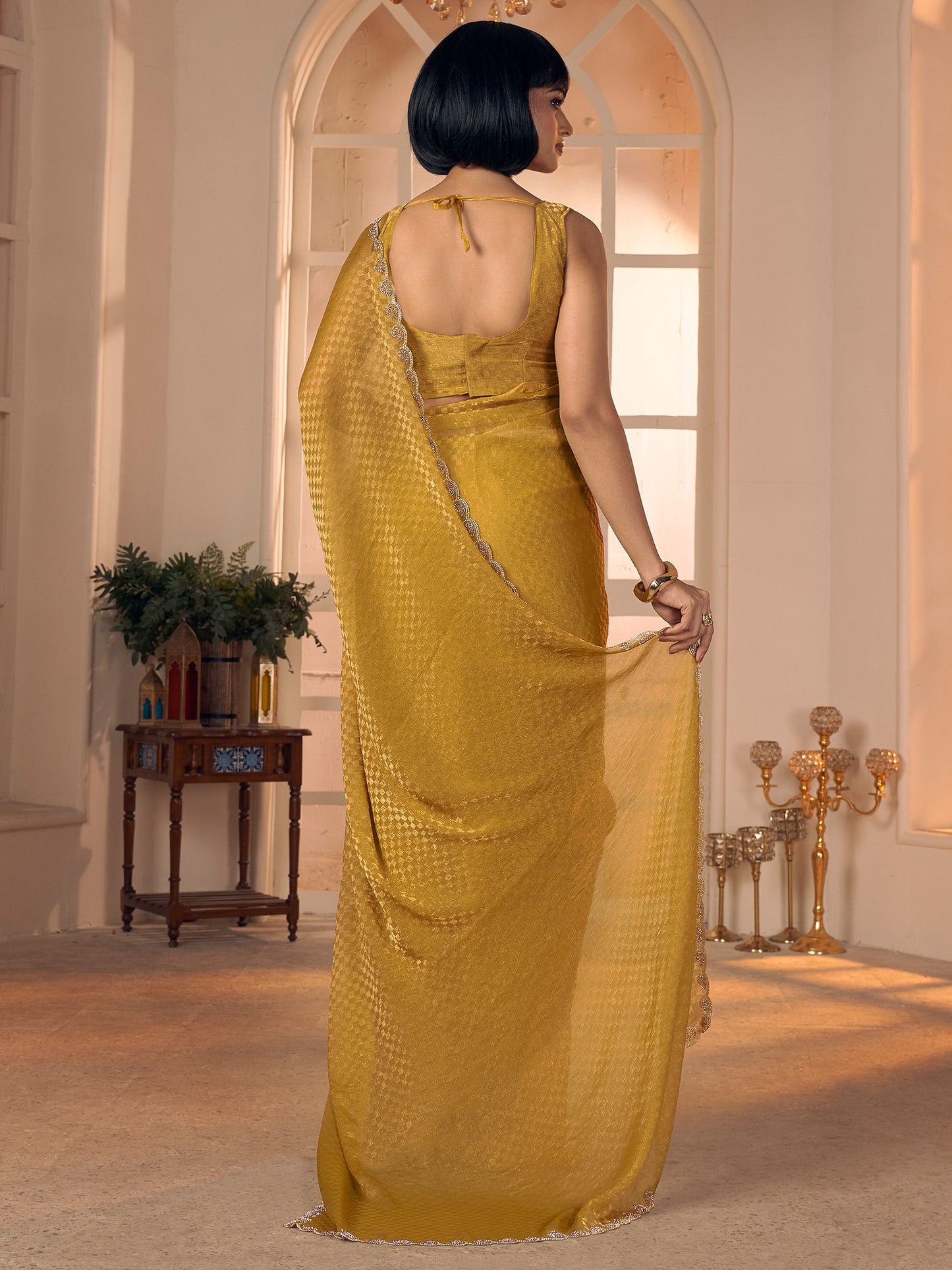 Mustard Party Wear Georgette Embellished Saree
