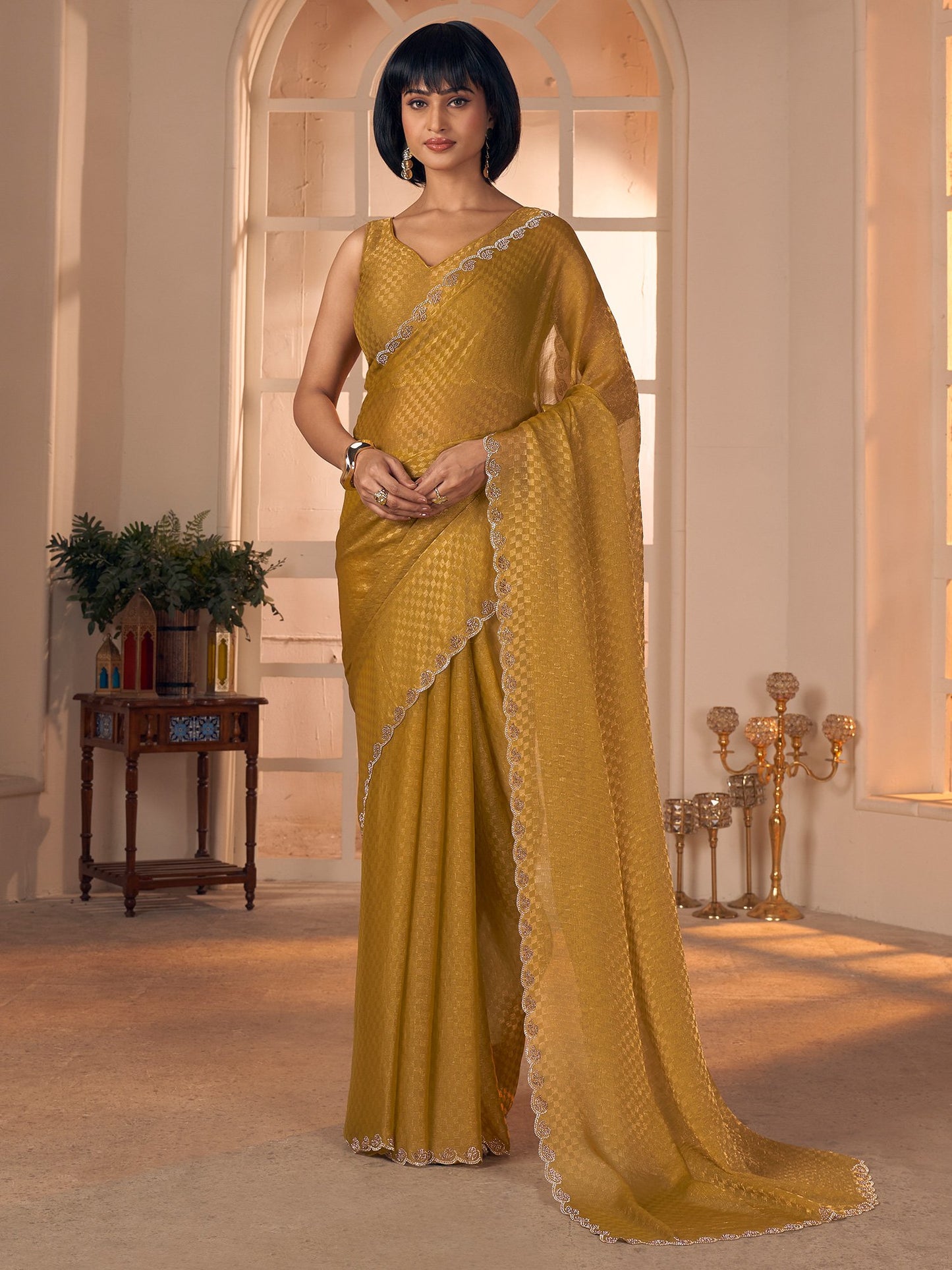 Mustard Party Wear Georgette Embellished Saree