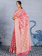 Pink Banarasi Chanderi Cotton Woven Saree - The Dori Store