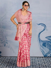 Pink Banarasi Chanderi Cotton Woven Saree - The Dori Store
