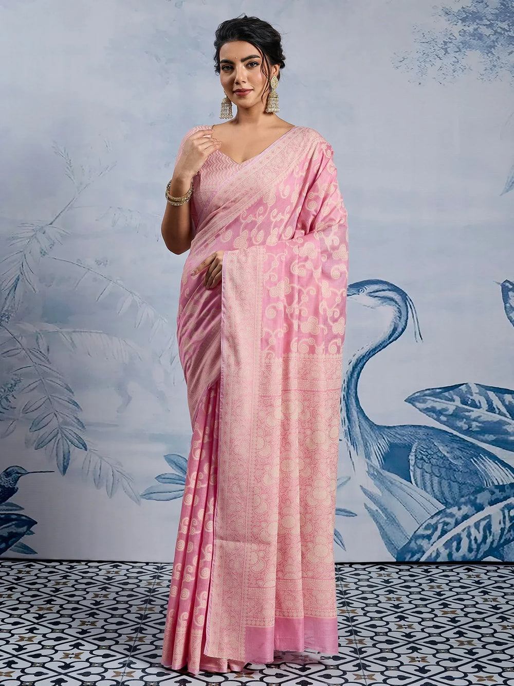 Pink Banarasi Chanderi Cotton Woven Saree - The Dori Store