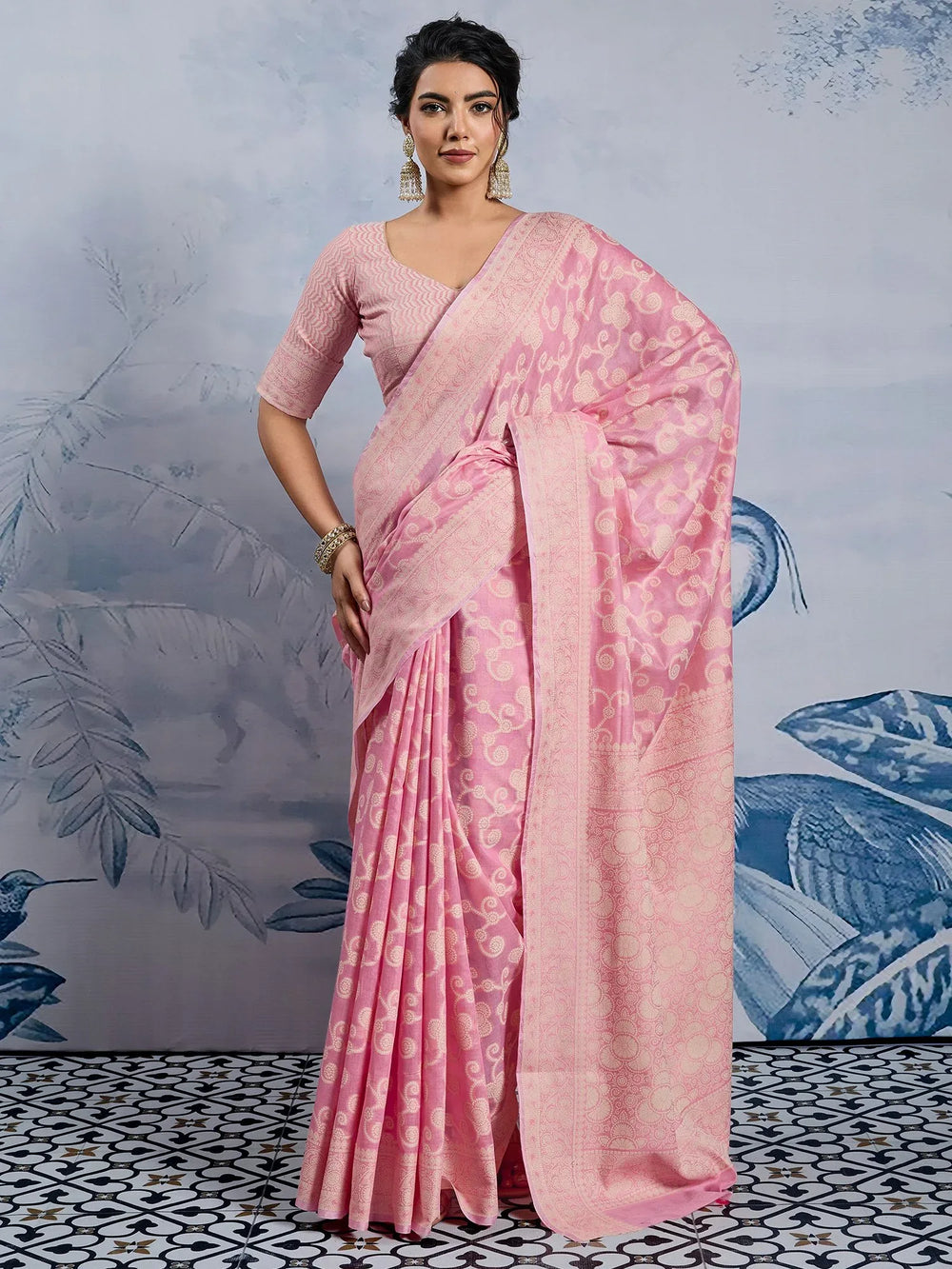 Pink Banarasi Chanderi Cotton Woven Saree - The Dori Store