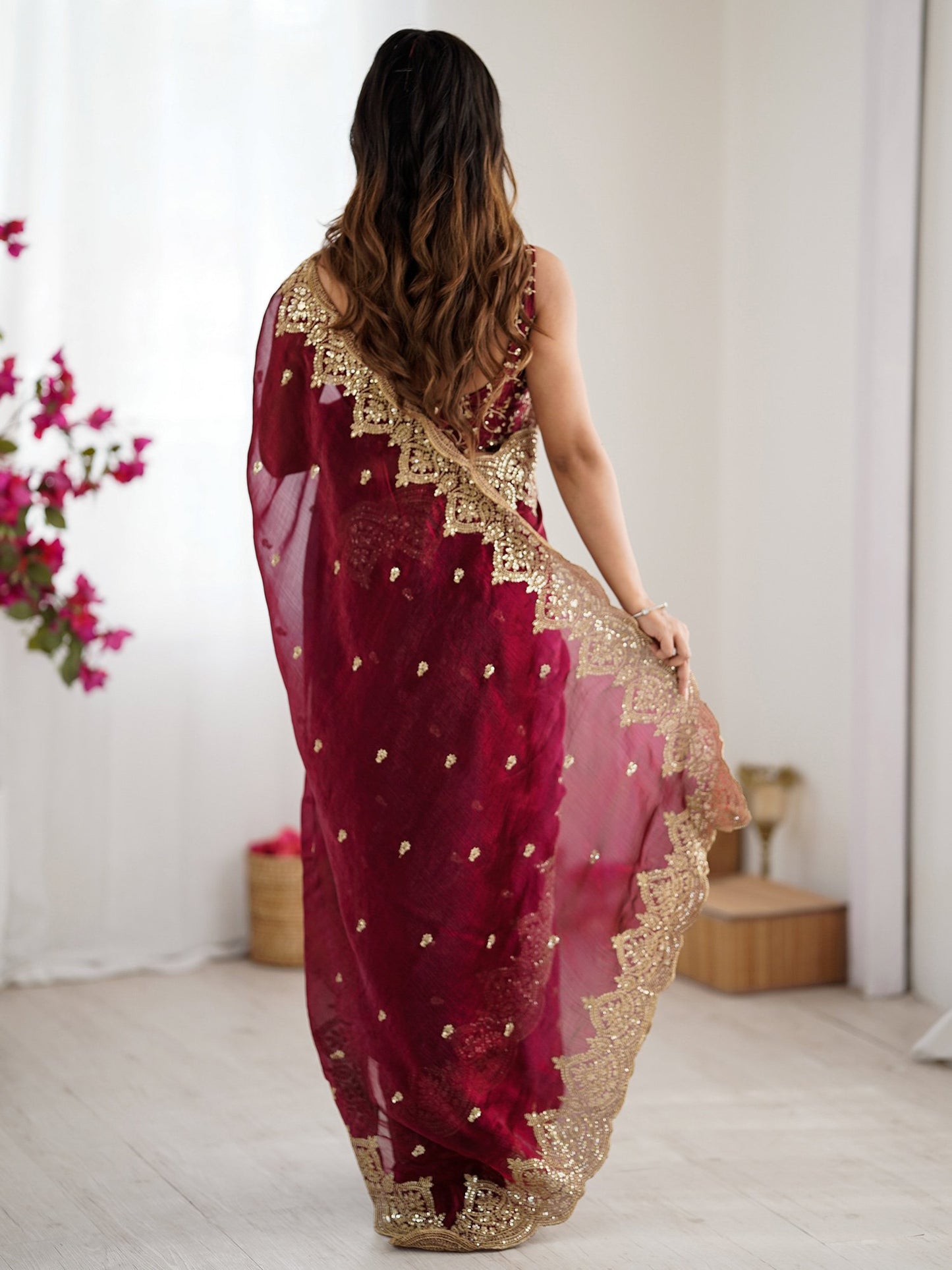 Burgundy Party Wear Chiffon Embellished Saree