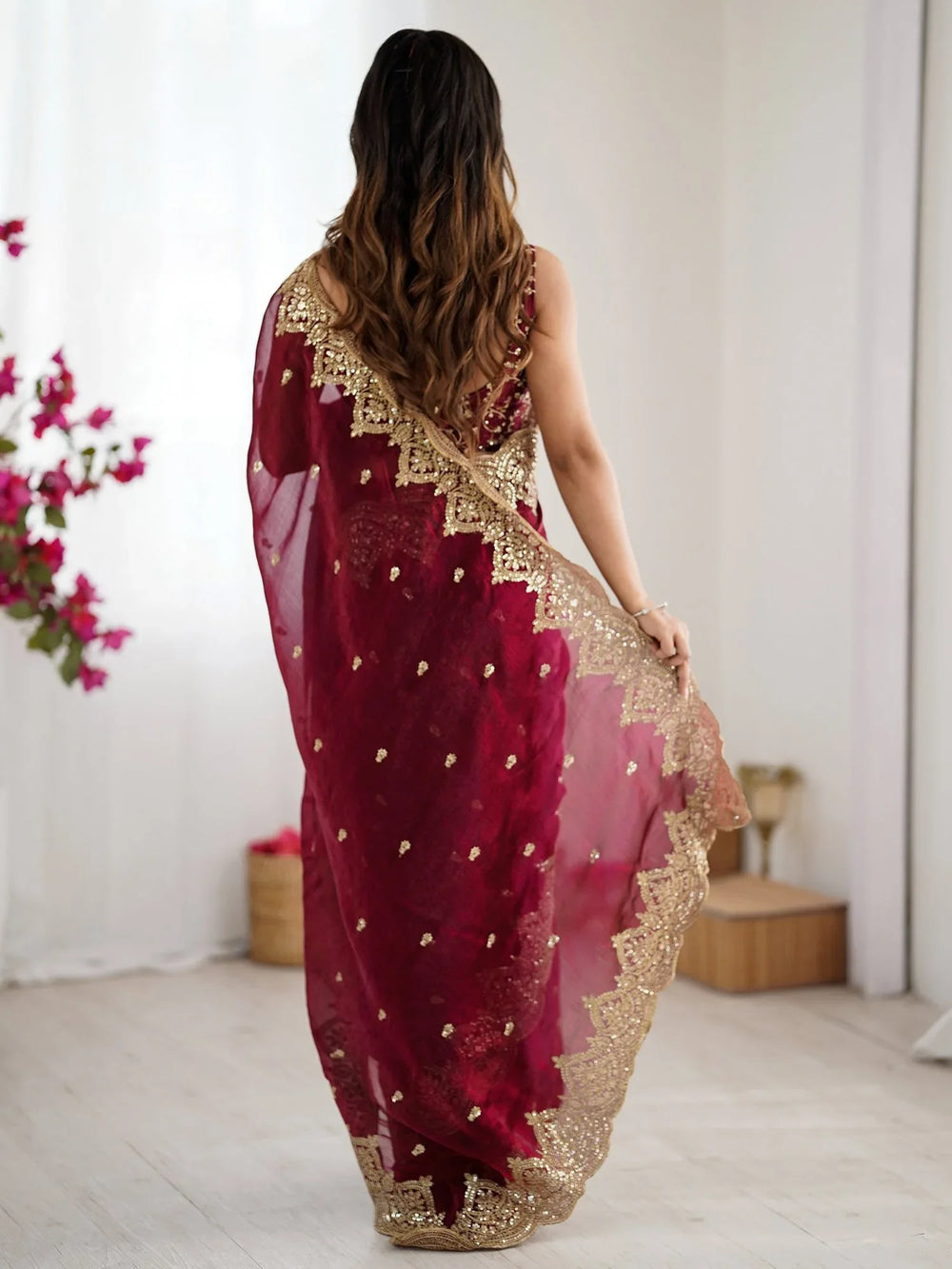 Burgundy Party Wear Chiffon Embellished Saree - The Dori Store