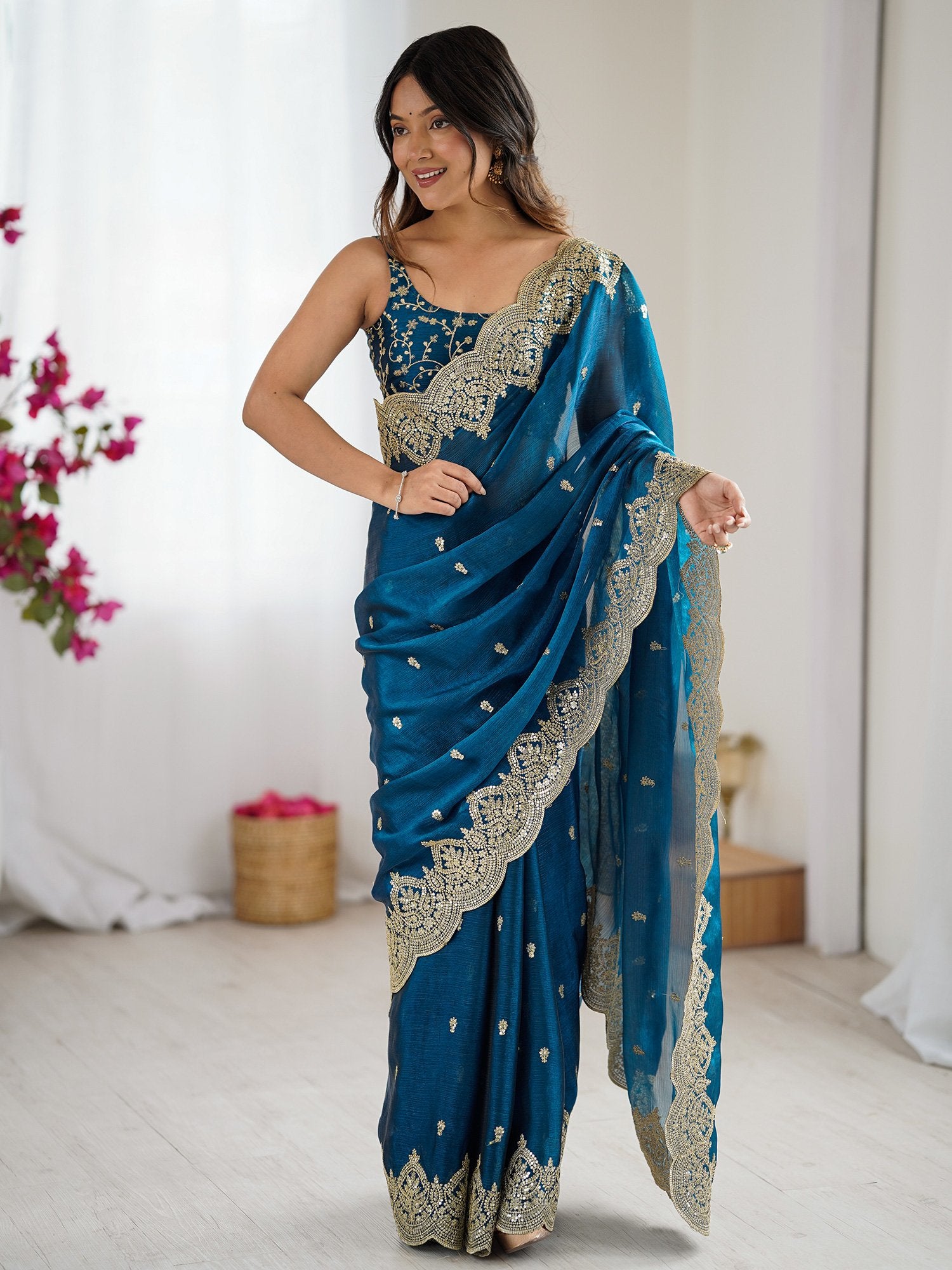 Blue Light Party Wear Chiffon Embellished Saree