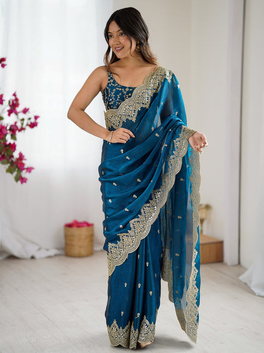 Blue Light Party Wear Chiffon Embellished Saree