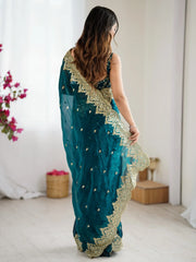 Teal Blue Party Wear Chiffon Embellished Saree - The Dori Store
