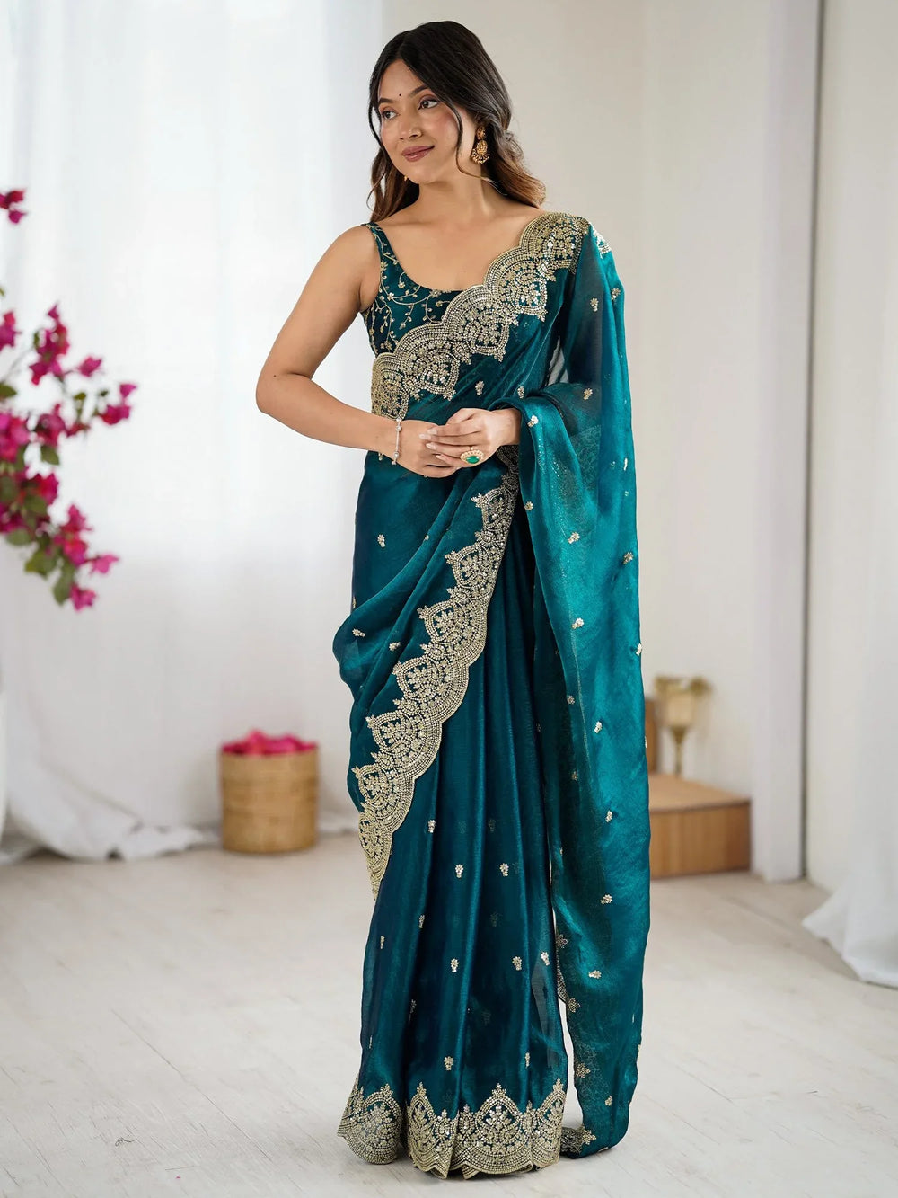 Teal Blue Party Wear Chiffon Embellished Saree - The Dori Store