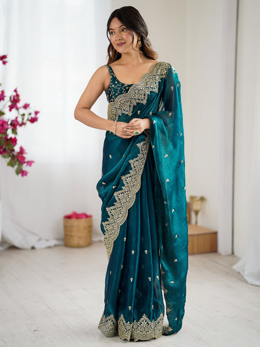 Blue Teal Party Wear Chiffon Embellished Saree