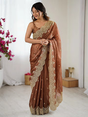 Brown Party Wear Chiffon Embellished Saree - The Dori Store