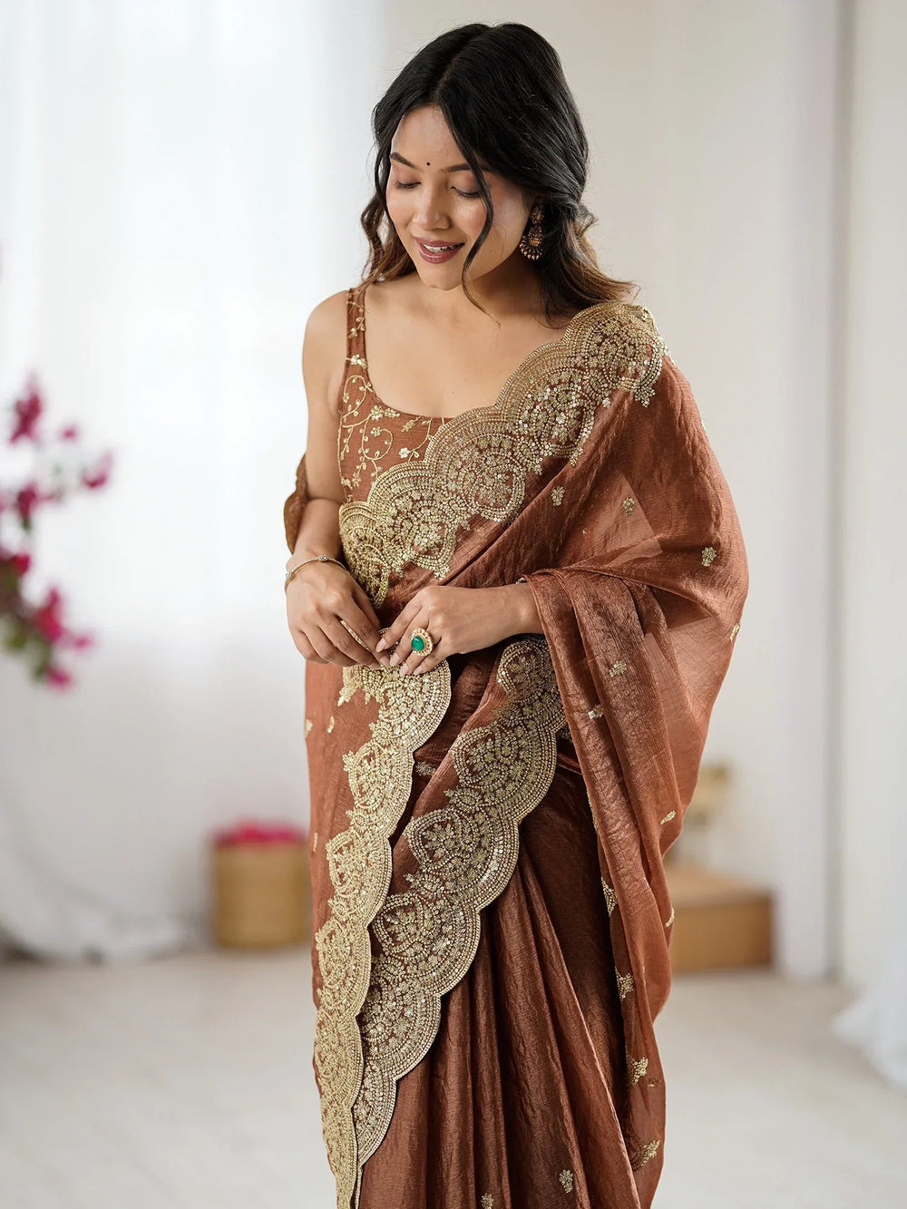 Brown Party Wear Chiffon Embellished Saree - The Dori Store