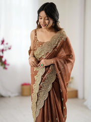 Brown Party Wear Chiffon Embellished Saree - The Dori Store