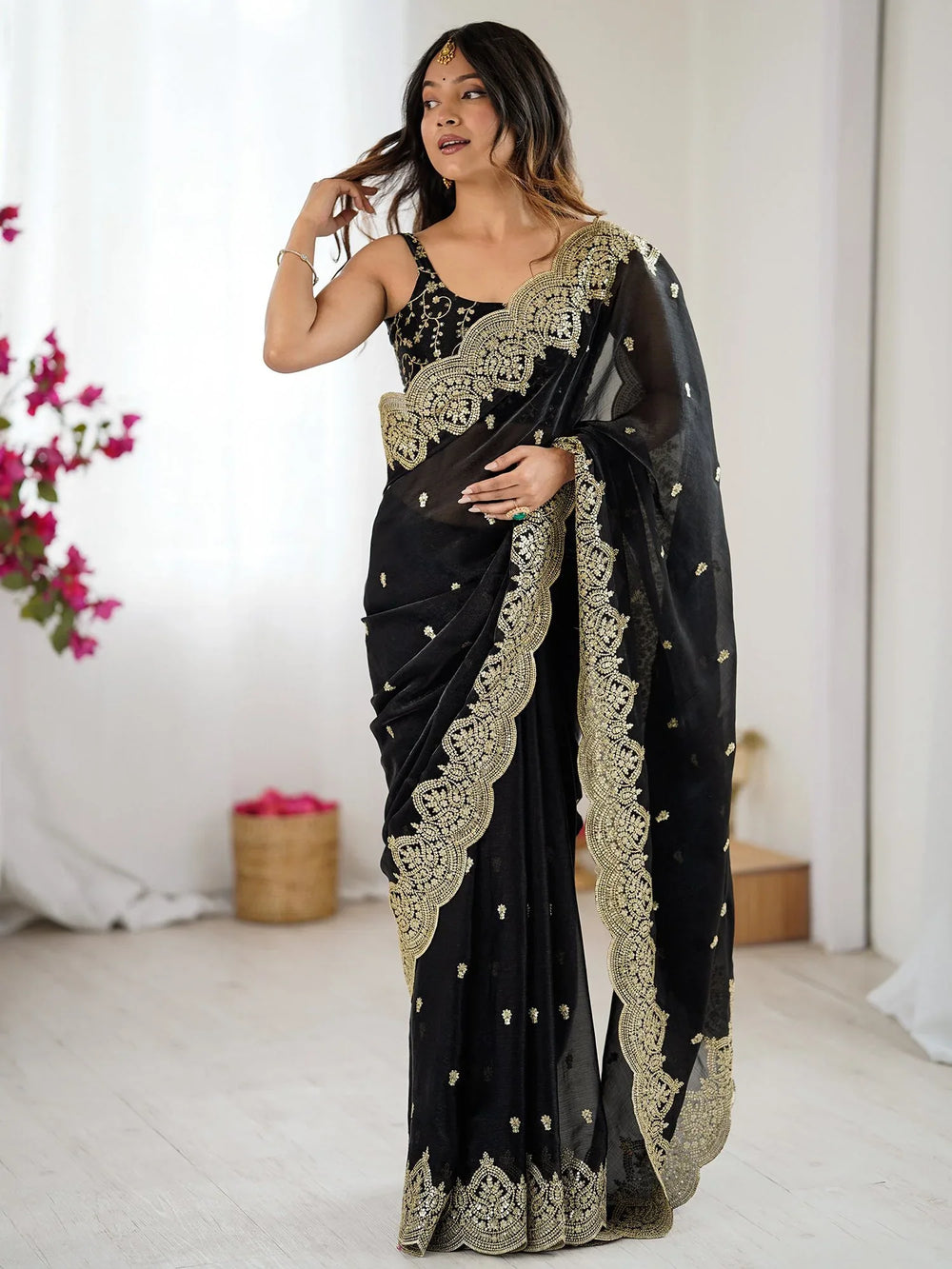 Black Party Wear Chiffon Embellished Saree - The Dori Store