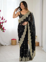 Black Party Wear Chiffon Embellished Saree - The Dori Store