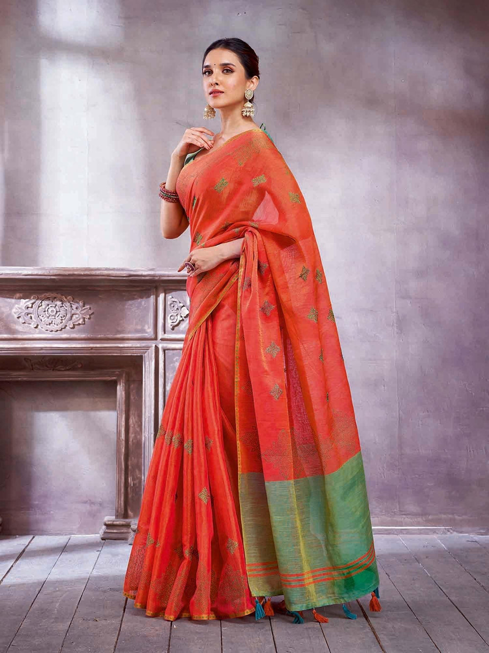 Orange Paithani Linen Woven Saree - The Dori Store