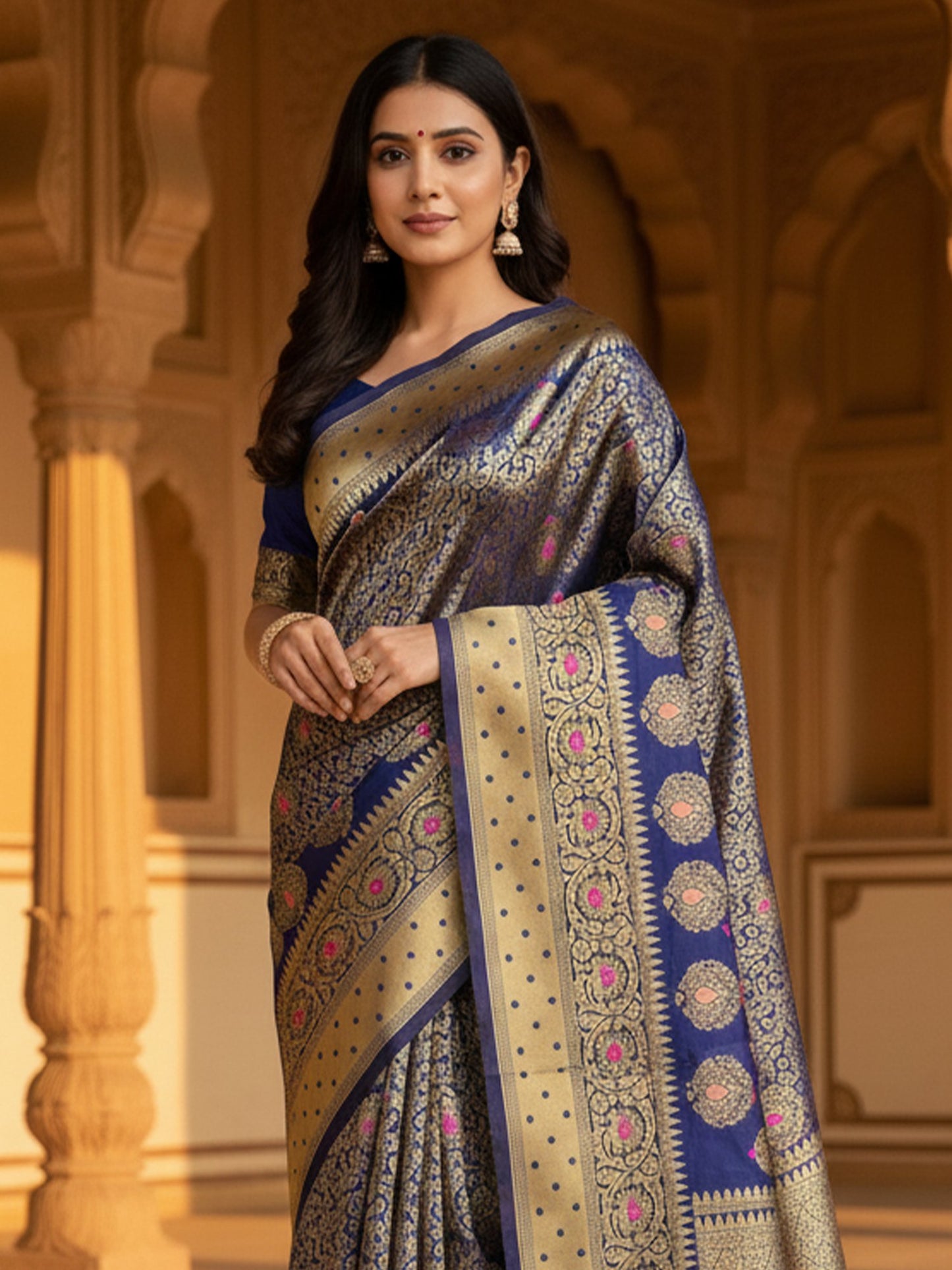 Navy Banarasi Silk Blend Woven Saree