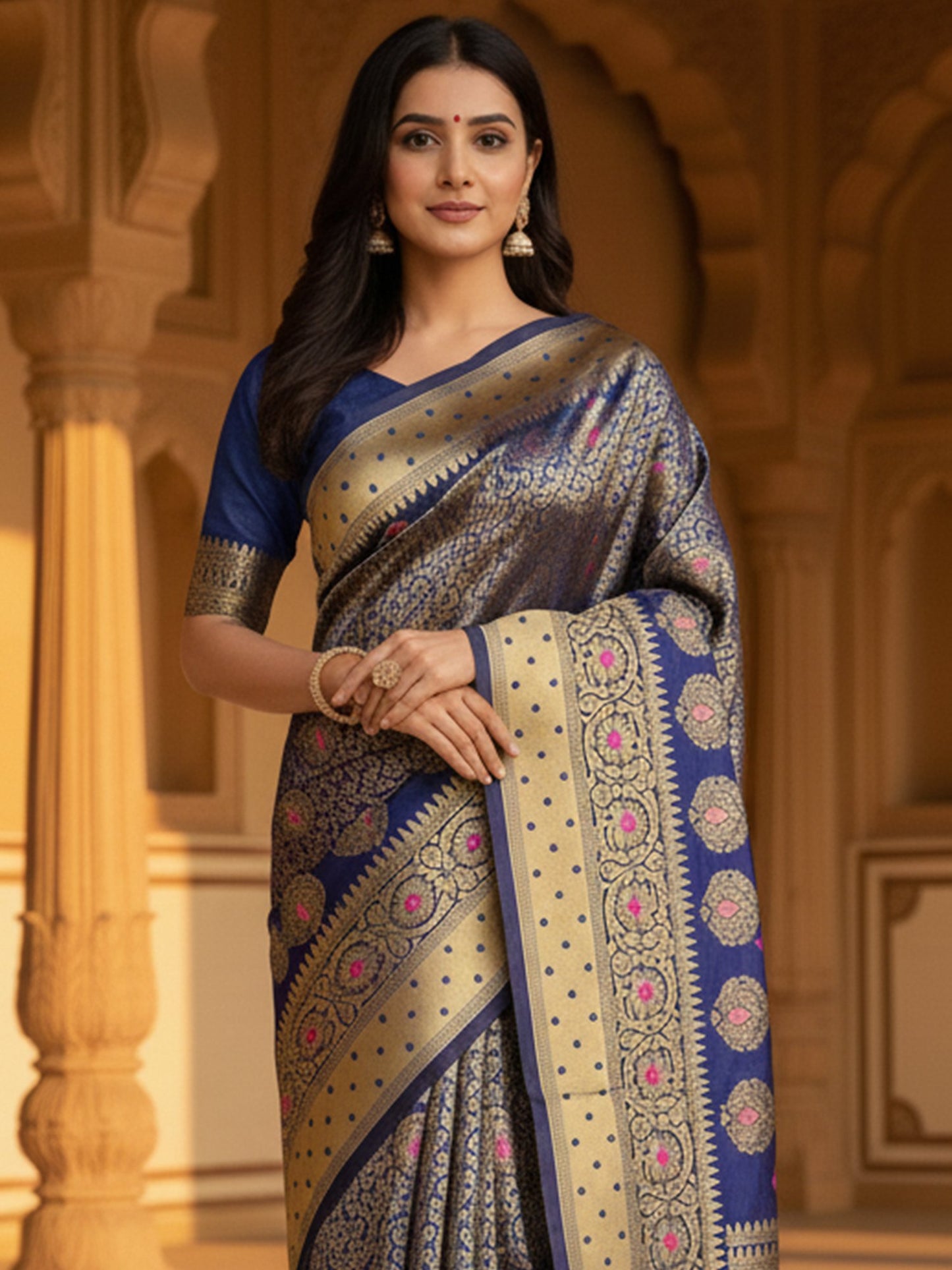 Navy Banarasi Silk Blend Woven Saree