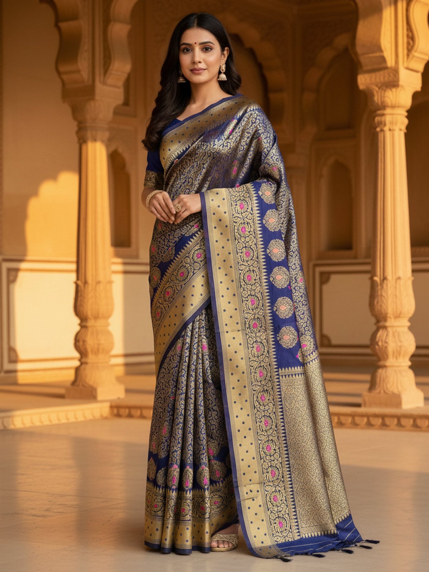 Blue Navy Banarasi Silk Blend Woven Saree