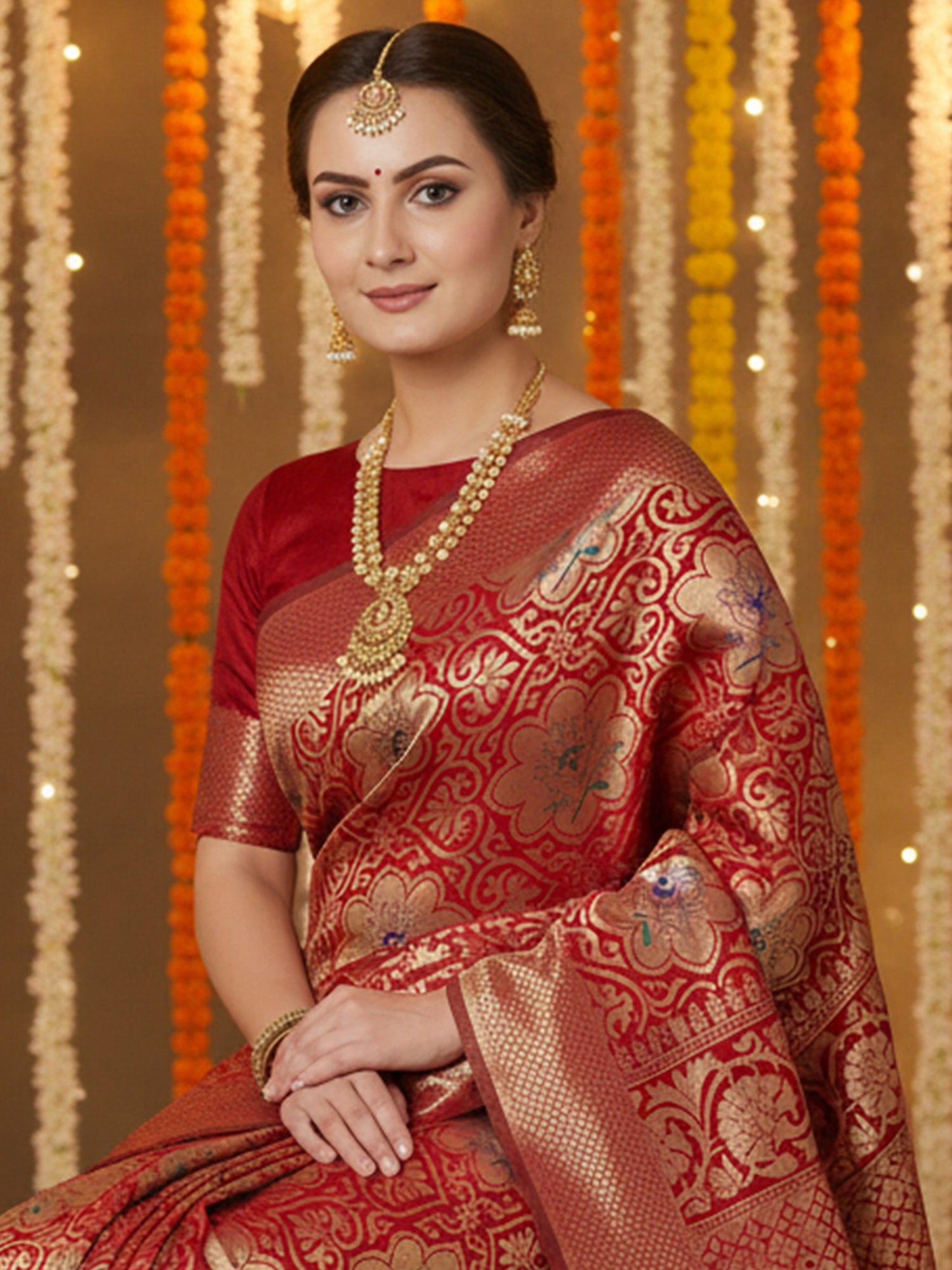 Red Banarasi Silk Blend Woven Saree