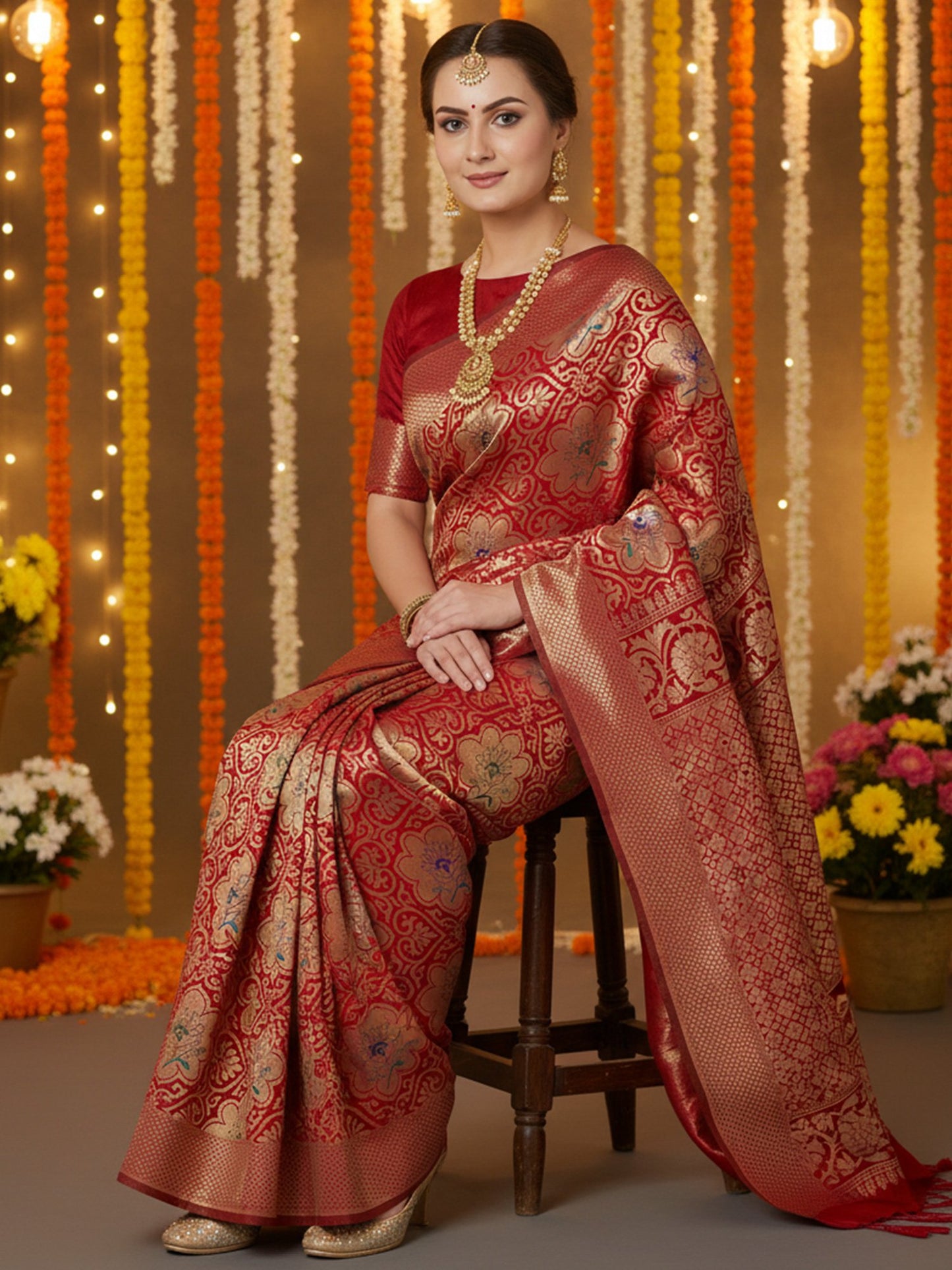 Red Banarasi Silk Blend Woven Saree