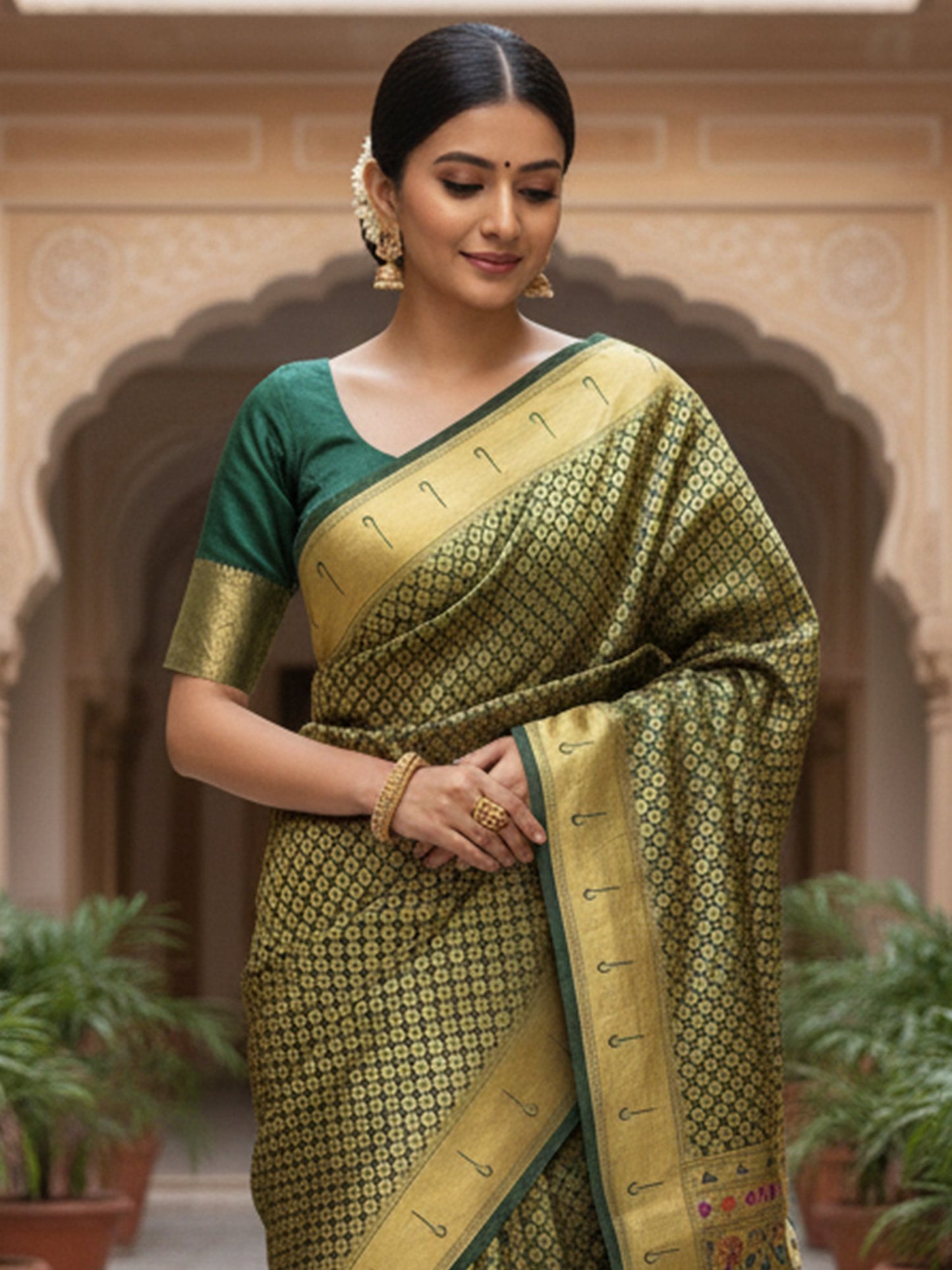 Green Banarasi Silk Blend Woven Saree
