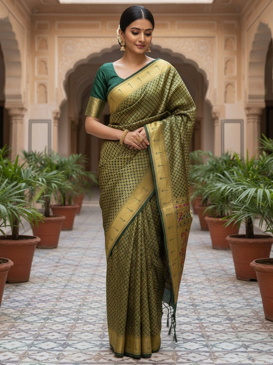 Green Green Banarasi Silk Blend Woven Saree